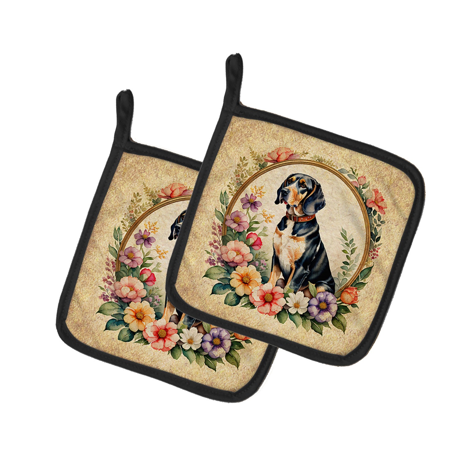 American English Coonhound and Flowers Pair of Pot Holders Kitchen Heat Resistant Pot Holders Sets Oven Hot Pads for Cooking Baking BBQ, 7 1/2 x 7 1/2