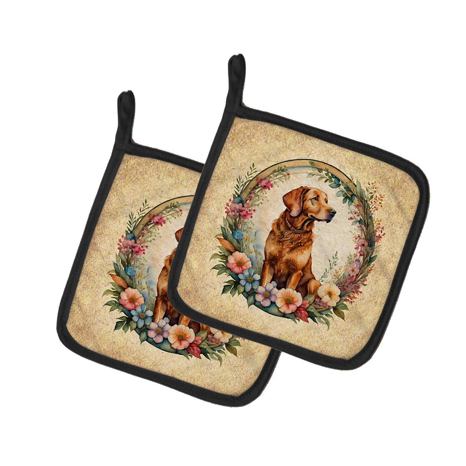 Chesapeake Bay Retriever and Flowers Pair of Pot Holders Kitchen Heat Resistant Pot Holders Sets Oven Hot Pads for Cooking Baking BBQ, 7 1/2 x 7 1/2