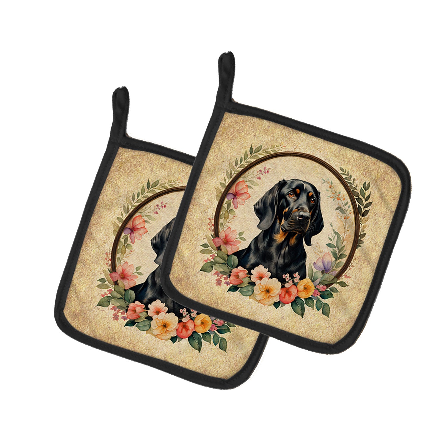 Black and Tan Coonhound and Flowers Pair of Pot Holders Kitchen Heat Resistant Pot Holders Sets Oven Hot Pads for Cooking Baking BBQ, 7 1/2 x 7 1/2