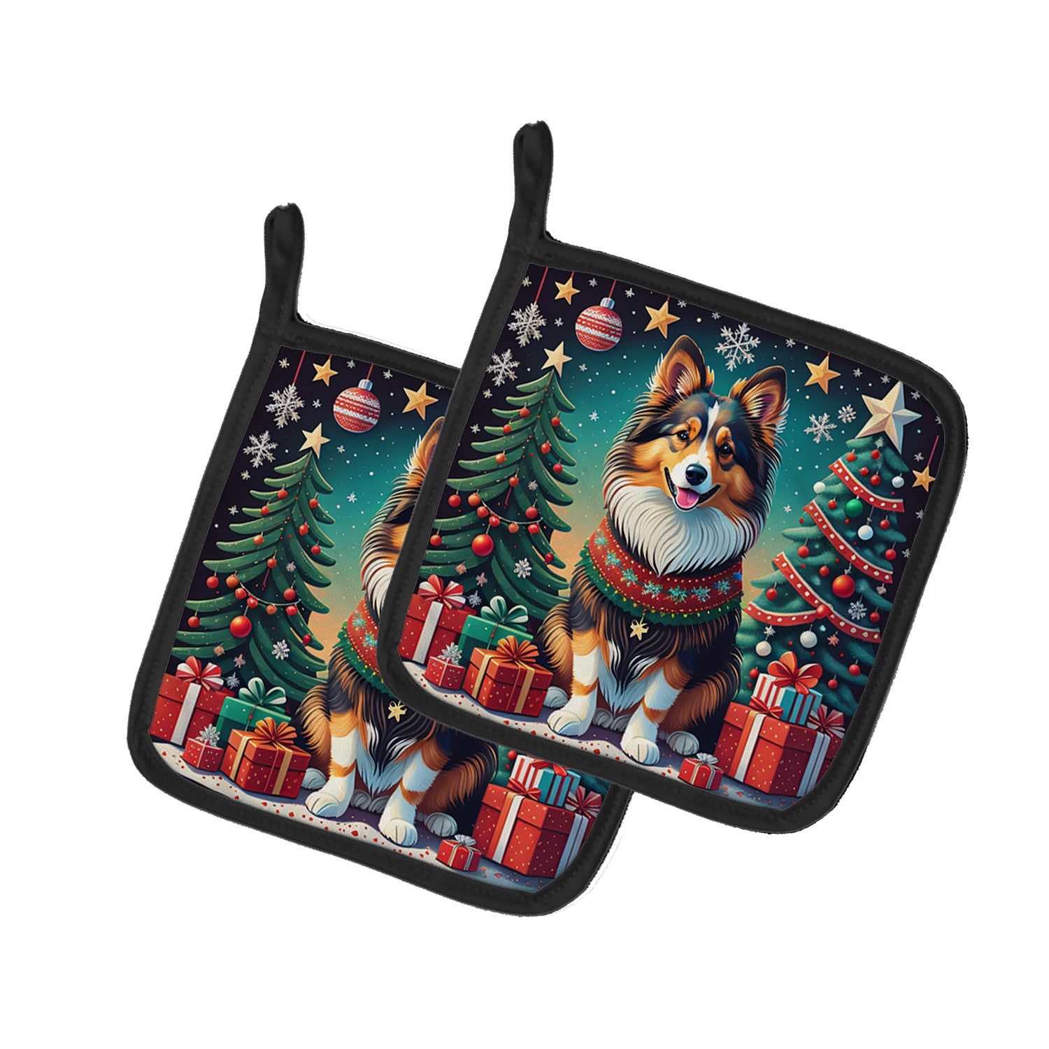 Sheltie Christmas Pair of Pot Holders Kitchen Heat Resistant Pot Holders Sets Oven Hot Pads for Cooking Baking BBQ, 7 1/2 x 7 1/2