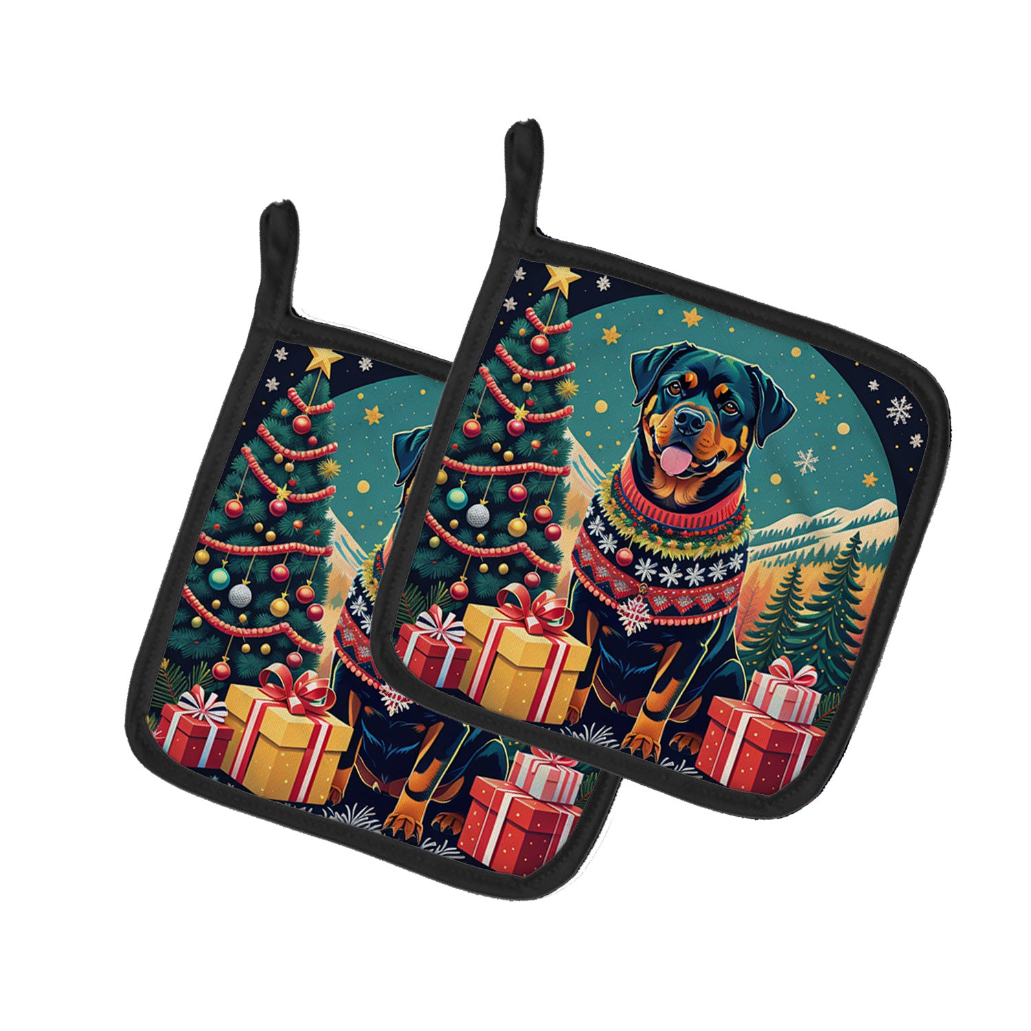 Rottweiler Christmas Pair of Pot Holders Kitchen Heat Resistant Pot Holders Sets Oven Hot Pads for Cooking Baking BBQ, 7 1/2 x 7 1/2