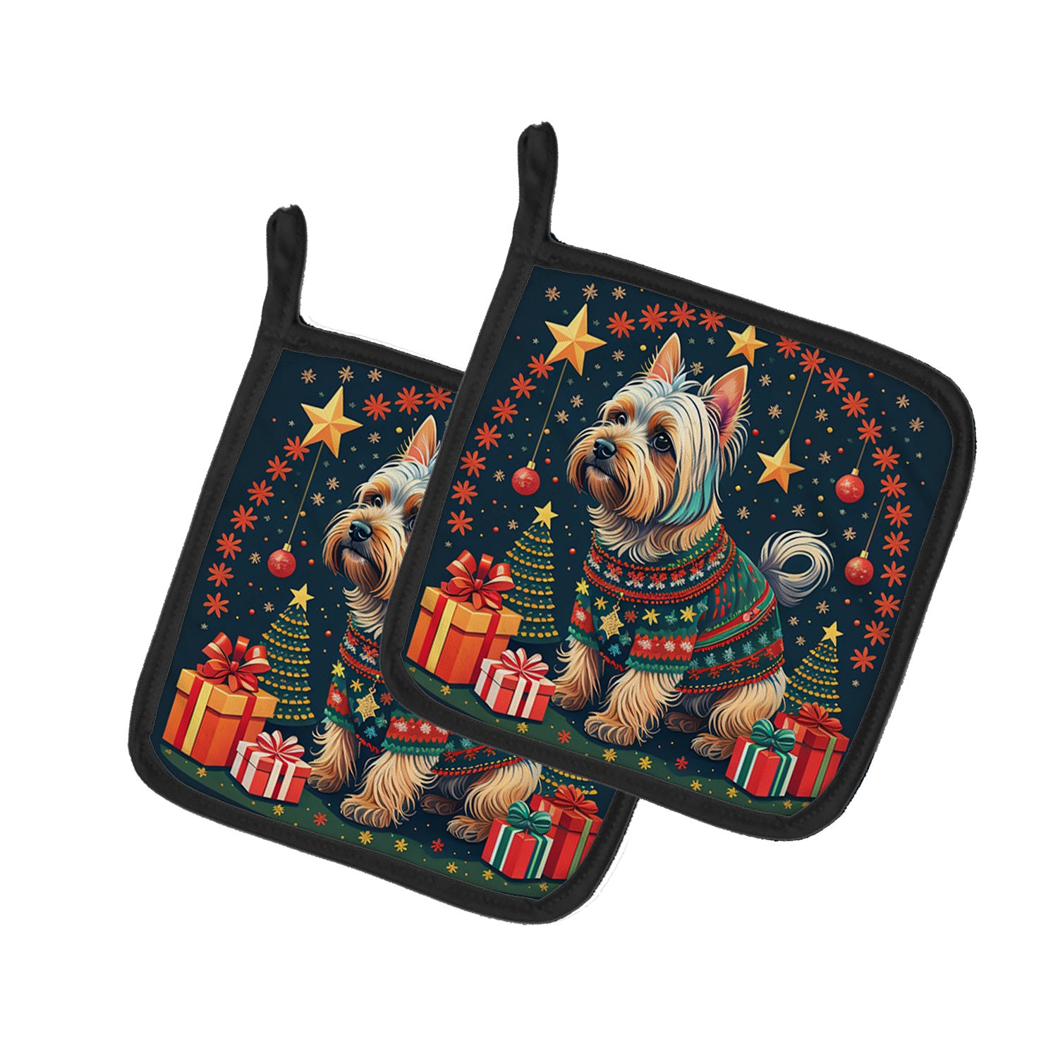 Silky Terrier Christmas Pair of Pot Holders Kitchen Heat Resistant Pot Holders Sets Oven Hot Pads for Cooking Baking BBQ, 7 1/2 x 7 1/2