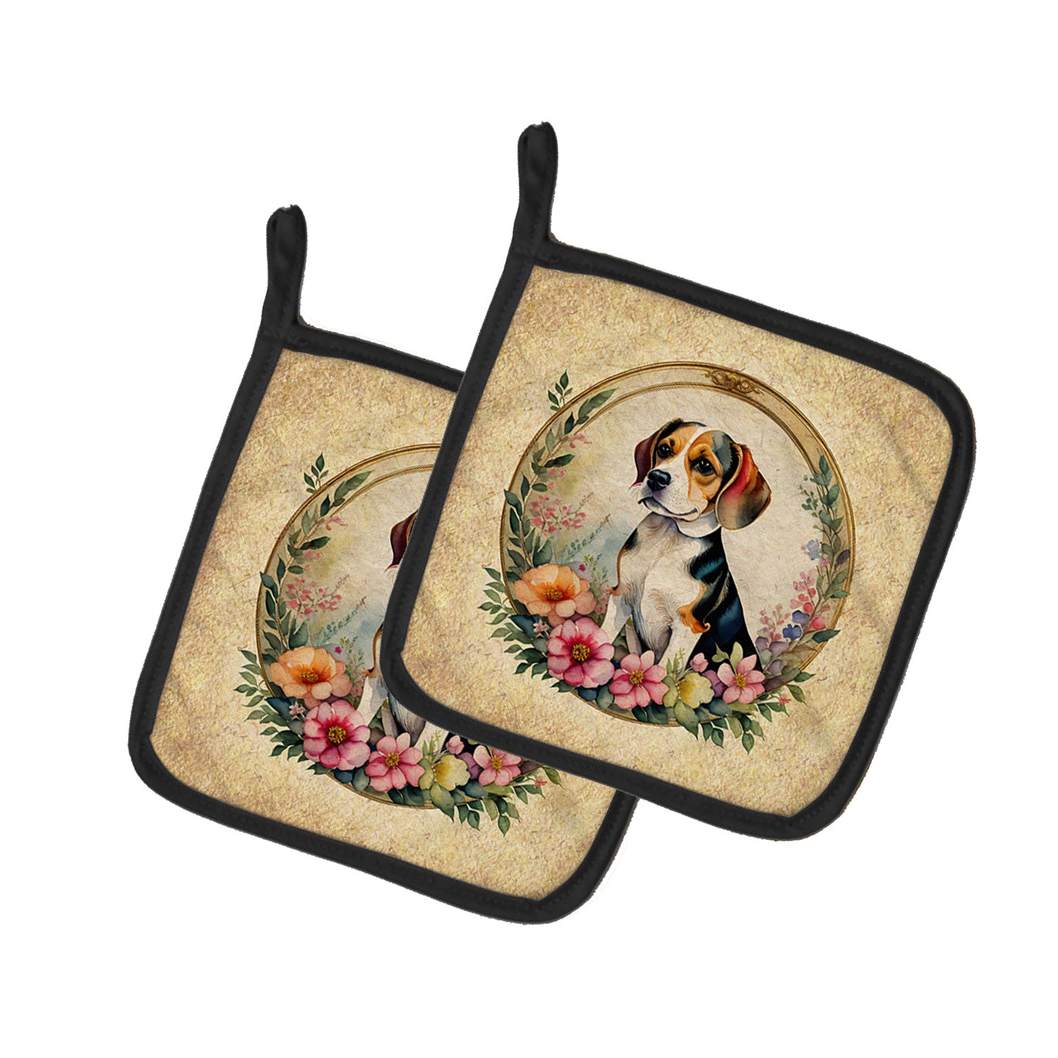 Beagle and Flowers Pair of Pot Holders Kitchen Heat Resistant Pot Holders Sets Oven Hot Pads for Cooking Baking BBQ, 7 1/2 x 7 1/2