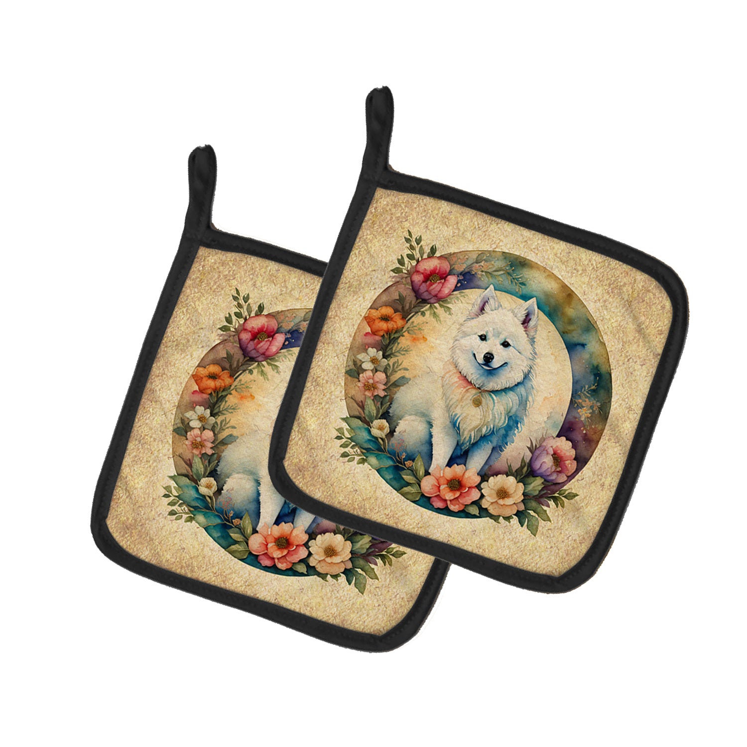 American Eskimo and Flowers Pair of Pot Holders Kitchen Heat Resistant Pot Holders Sets Oven Hot Pads for Cooking Baking BBQ, 7 1/2 x 7 1/2