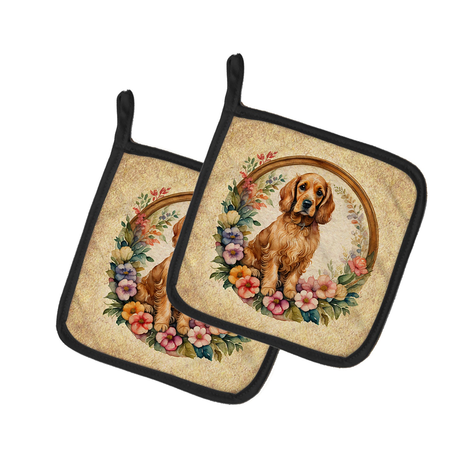 Cocker Spaniel and Flowers Pair of Pot Holders Kitchen Heat Resistant Pot Holders Sets Oven Hot Pads for Cooking Baking BBQ, 7 1/2 x 7 1/2