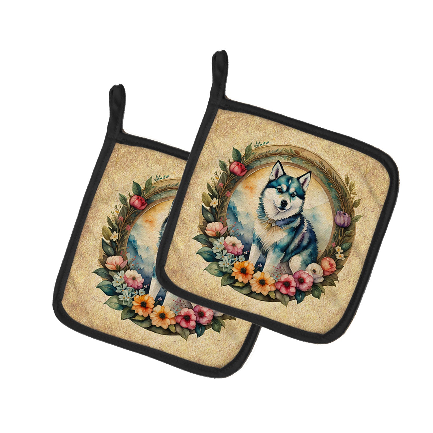 Alaskan Klee Kai and Flowers Pair of Pot Holders Kitchen Heat Resistant Pot Holders Sets Oven Hot Pads for Cooking Baking BBQ, 7 1/2 x 7 1/2