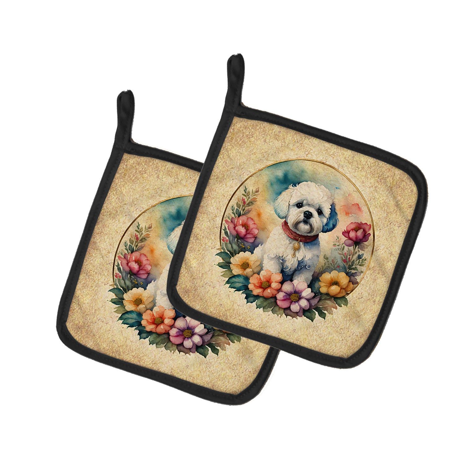 Bichon Frise and Flowers Pair of Pot Holders Kitchen Heat Resistant Pot Holders Sets Oven Hot Pads for Cooking Baking BBQ, 7 1/2 x 7 1/2