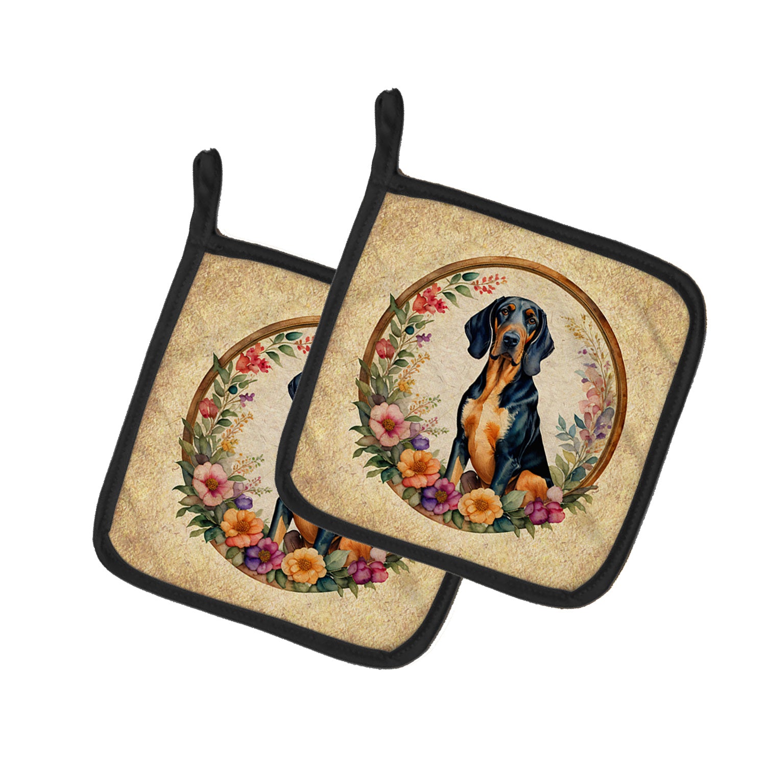 Coonhound and Flowers Pair of Pot Holders Kitchen Heat Resistant Pot Holders Sets Oven Hot Pads for Cooking Baking BBQ, 7 1/2 x 7 1/2