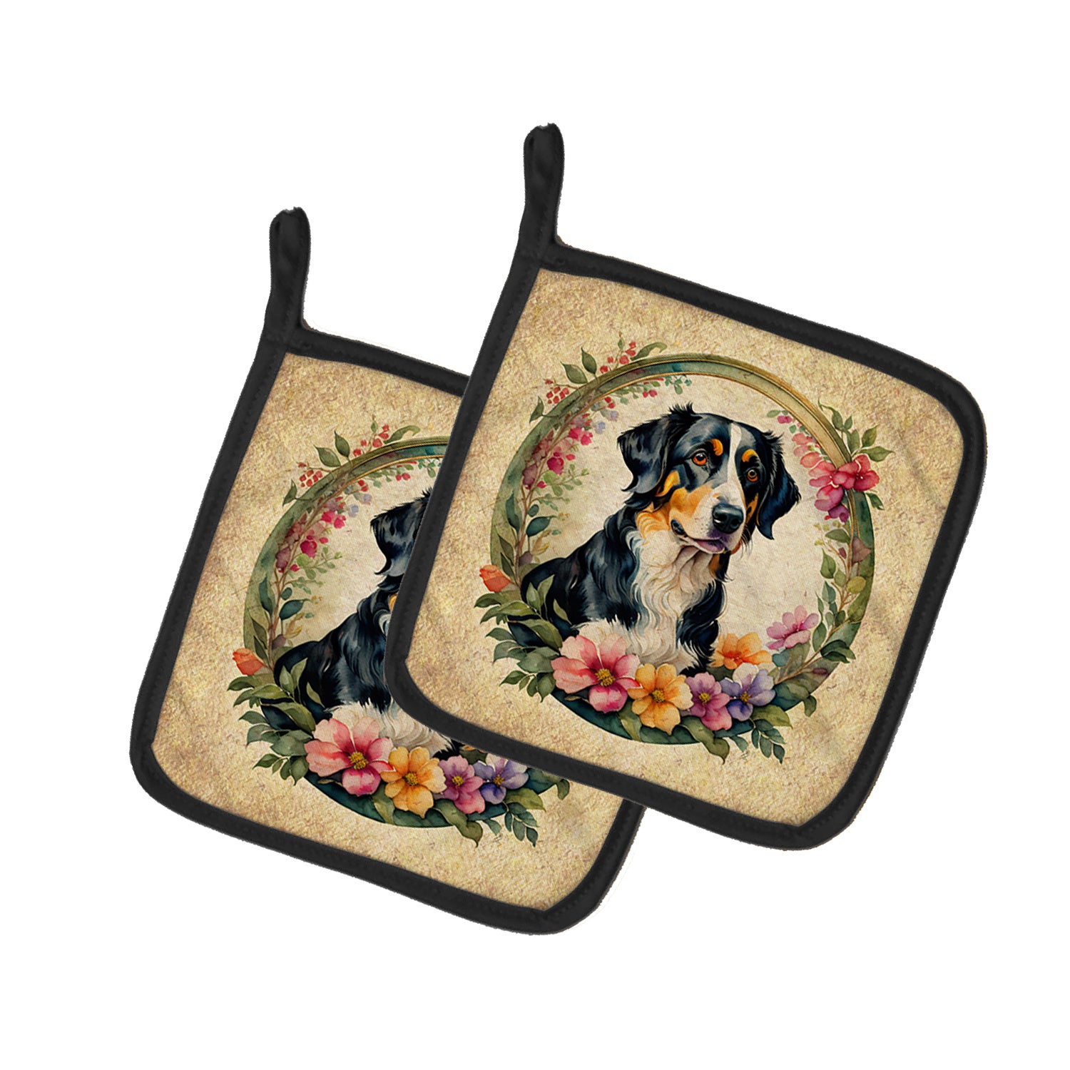 Appenzeller Sennenhund and Flowers Pair of Pot Holders Kitchen Heat Resistant Pot Holders Sets Oven Hot Pads for Cooking Baking BBQ, 7 1/2 x 7 1/2