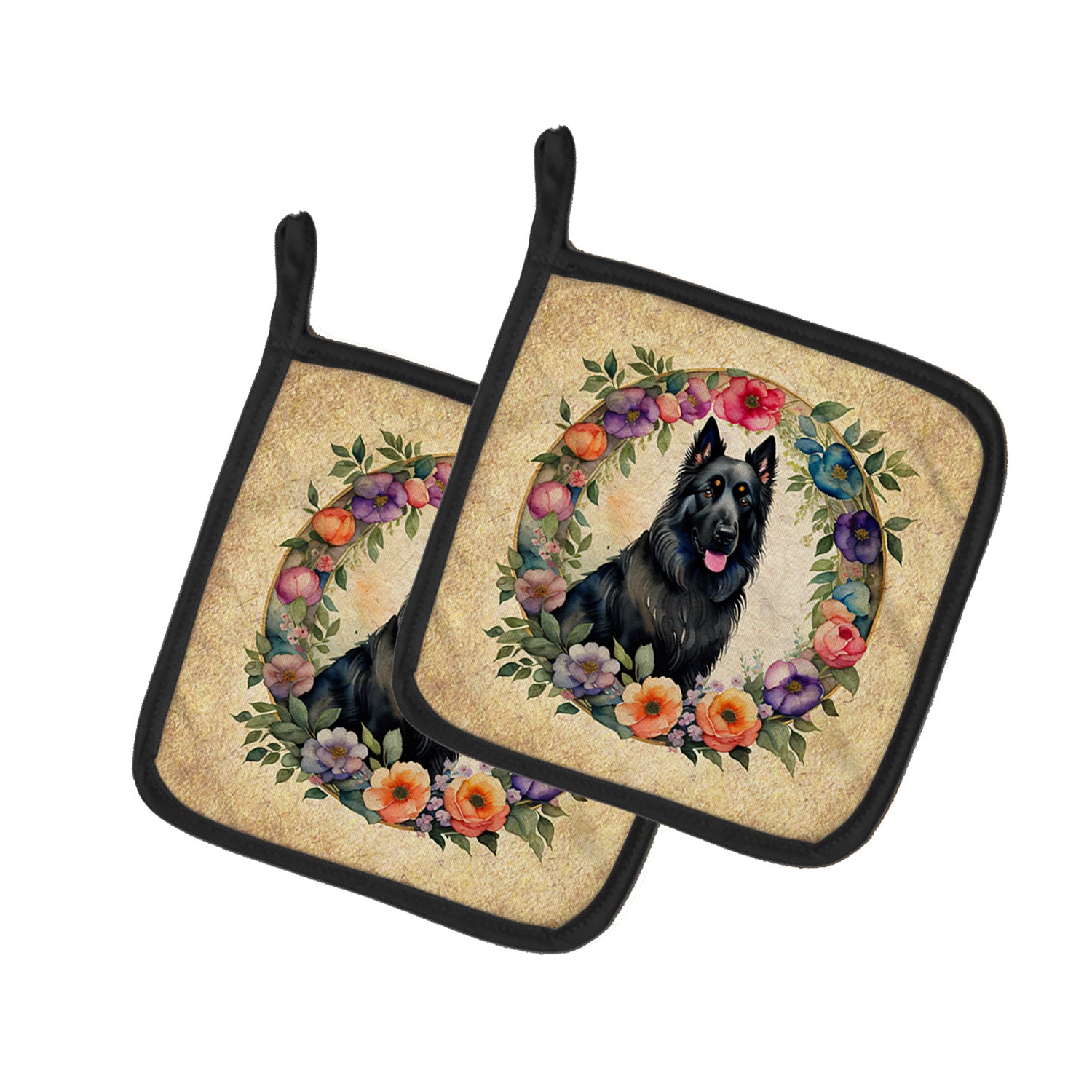 Belgian Sheepdog and Flowers Pair of Pot Holders Kitchen Heat Resistant Pot Holders Sets Oven Hot Pads for Cooking Baking BBQ, 7 1/2 x 7 1/2