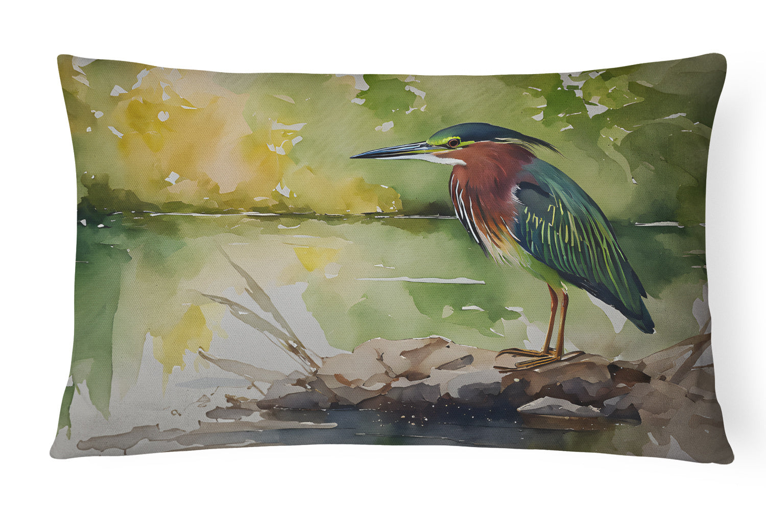 Watercolor Birds Throw Pillow Throw Pillow for Indoor Couch Bed Outdoor Patio Washable, Green Heron 3230,12Hx16W