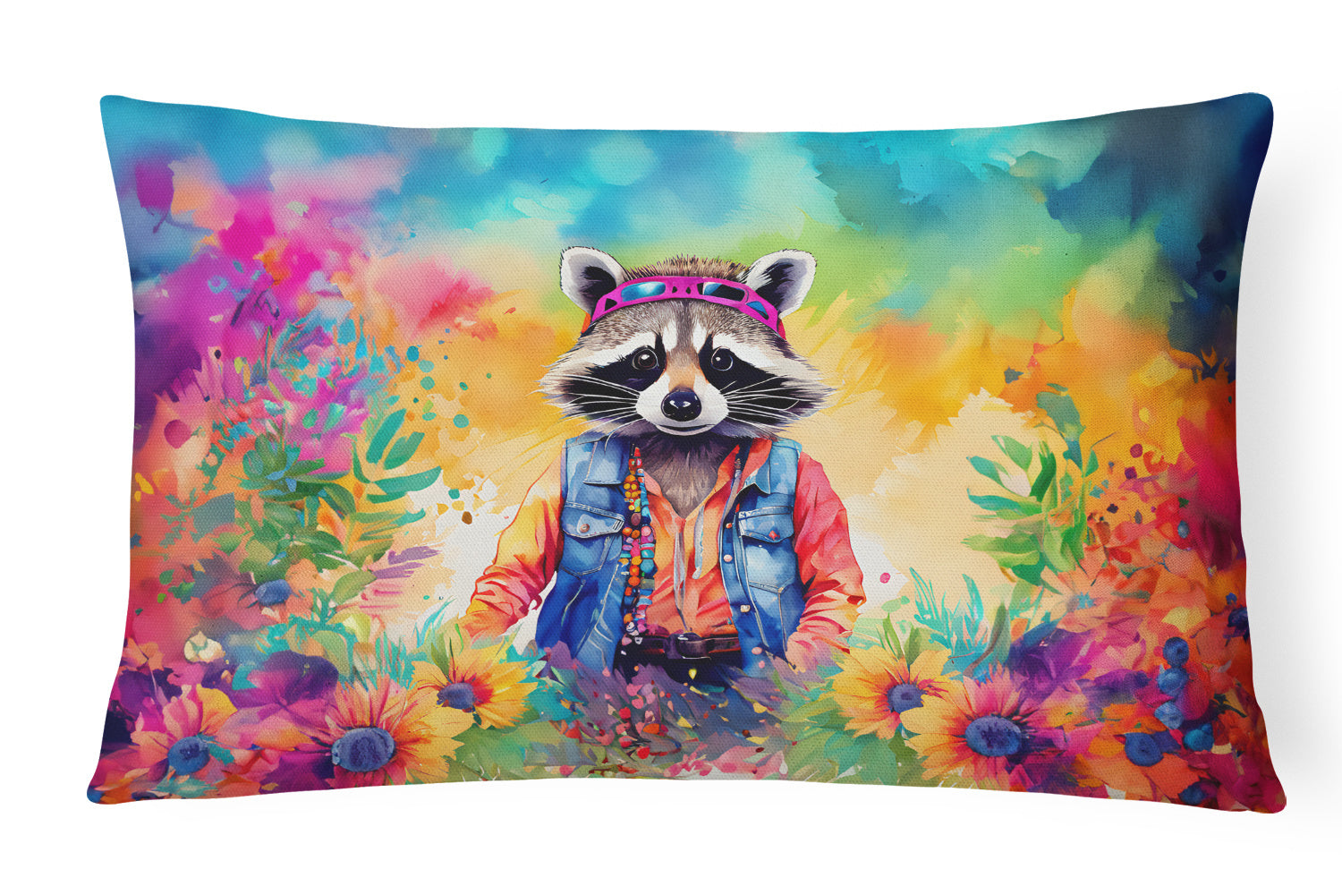 Hippie Animals Throw Pillow Throw Pillow for Indoor Couch Bed Outdoor Patio Washable, Raccoon 4035,12Hx16W