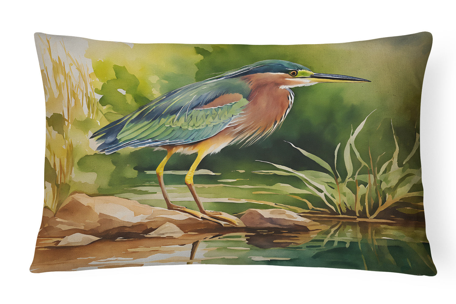 Watercolor Birds Throw Pillow Throw Pillow for Indoor Couch Bed Outdoor Patio Washable, Green Heron 3229,12Hx16W