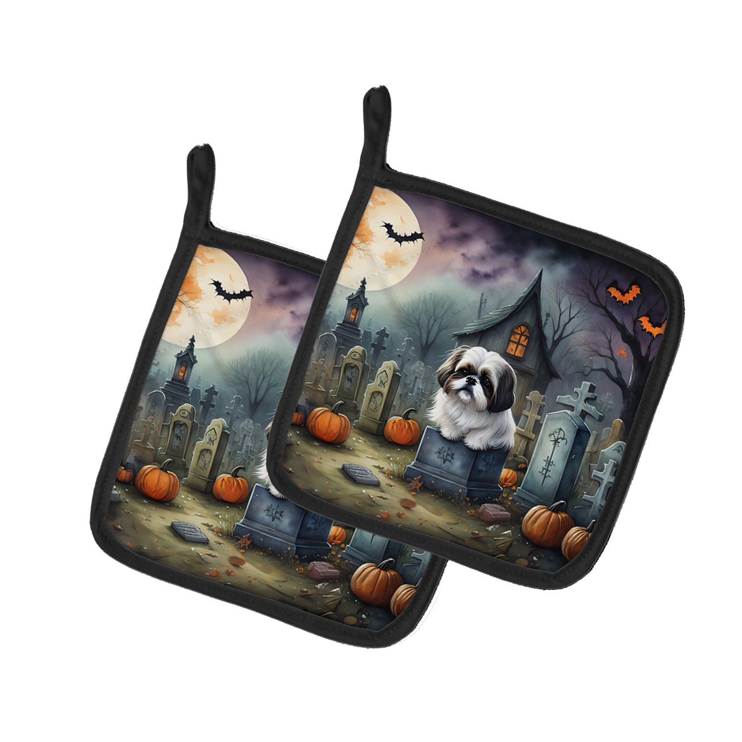 Shih Tzu Spooky Halloween Pair of Pot Holders Kitchen Heat Resistant Pot Holders Sets Oven Hot Pads for Cooking Baking BBQ, 7 1/2 x 7 1/2