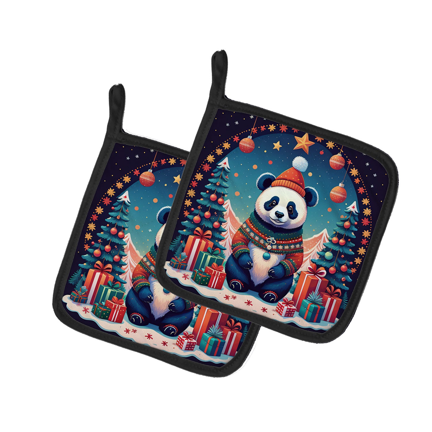 Panda Christmas Pair of Pot Holders Kitchen Heat Resistant Pot Holders Sets Oven Hot Pads for Cooking Baking BBQ, 7 1/2 x 7 1/2