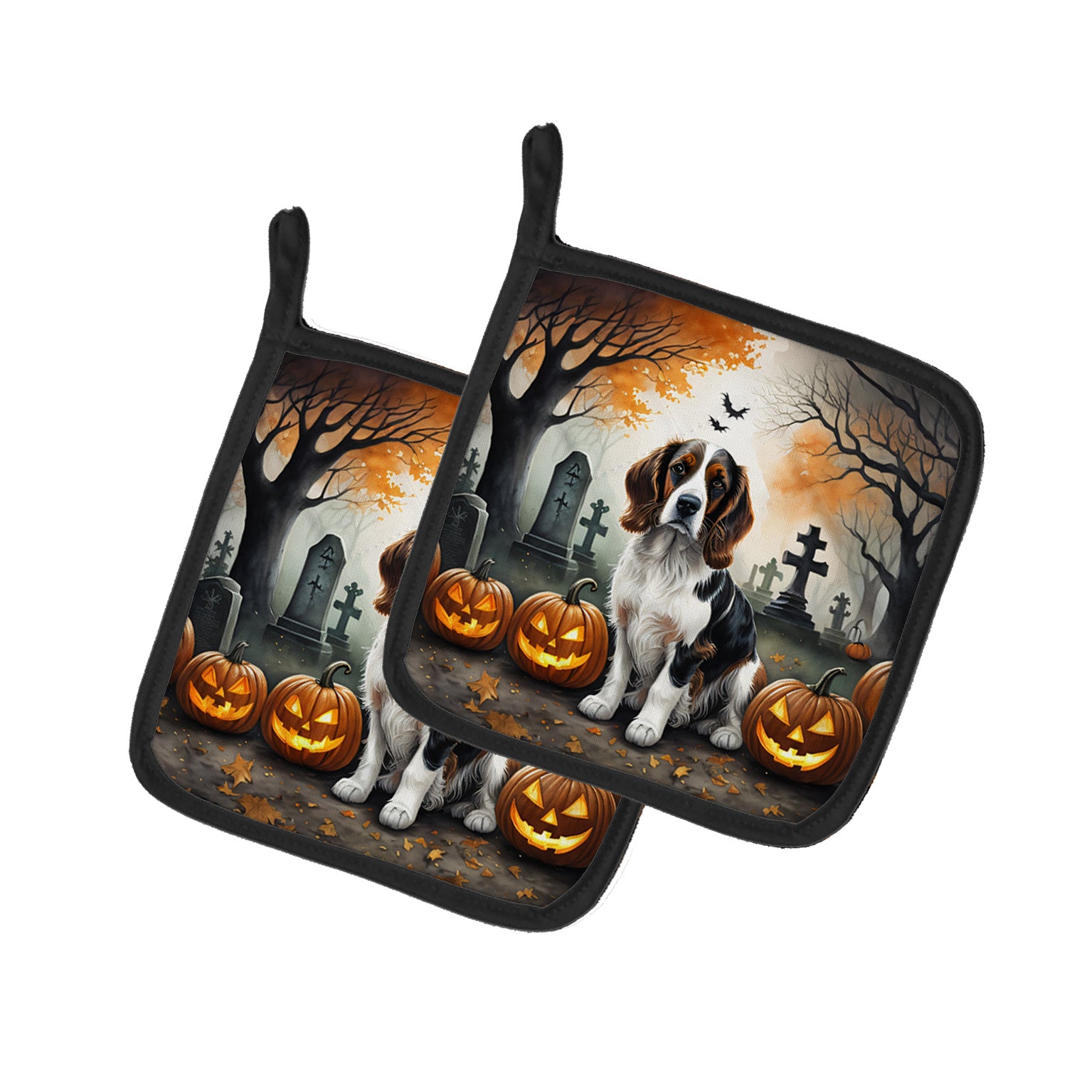 Welsh Springer Spaniel Spooky Halloween Pair of Pot Holders Kitchen Heat Resistant Pot Holders Sets Oven Hot Pads for Cooking Baking BBQ, 7 1/2 x 7 1/2