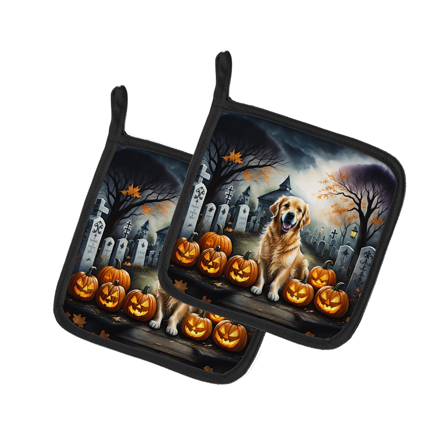 Golden Retriever Spooky Halloween Pair of Pot Holders Kitchen Heat Resistant Pot Holders Sets Oven Hot Pads for Cooking Baking BBQ, 7 1/2 x 7 1/2