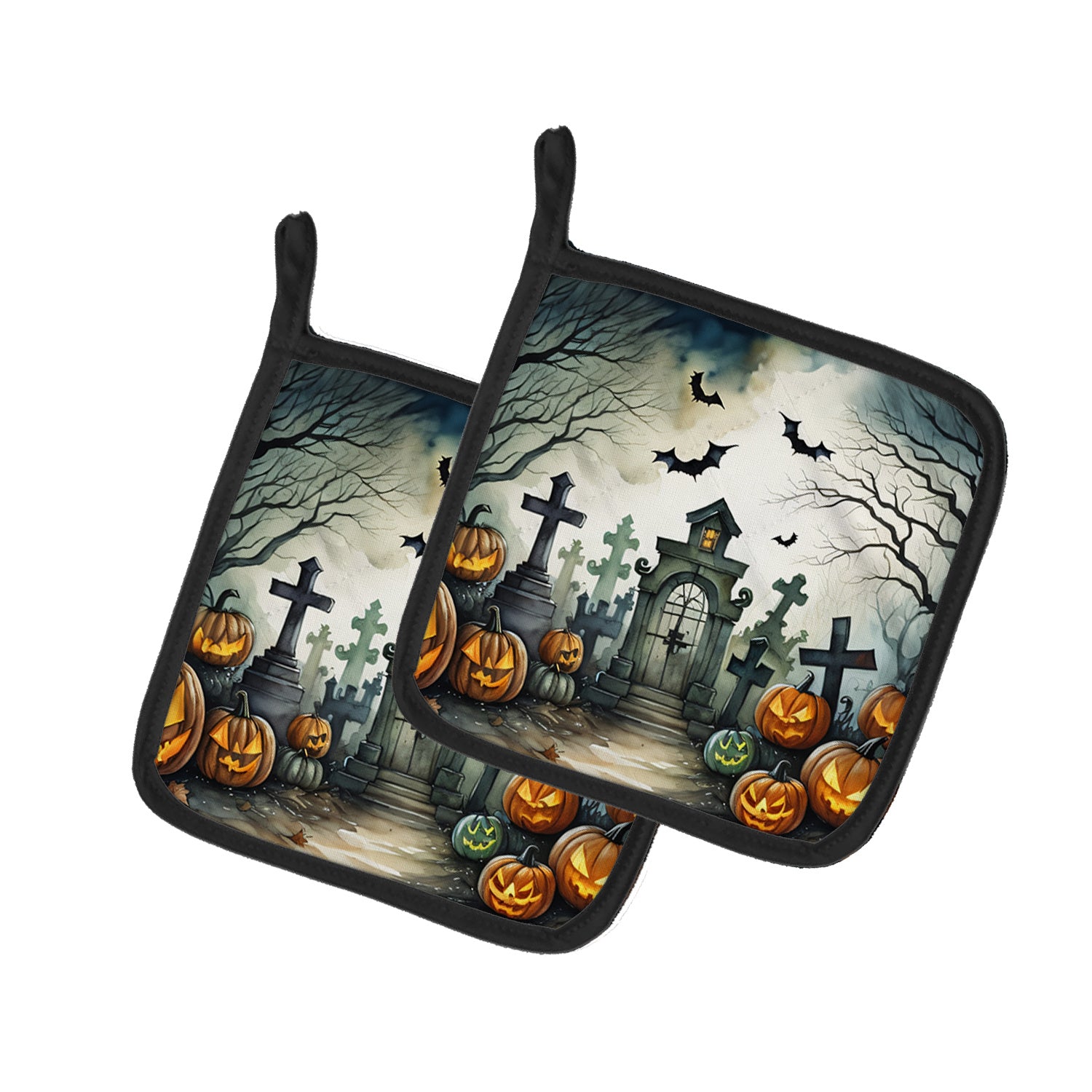 Graveyard Spooky Halloween Pair of Pot Holders Kitchen Heat Resistant Pot Holders Sets Oven Hot Pads for Cooking Baking BBQ, 7 1/2 x 7 1/2