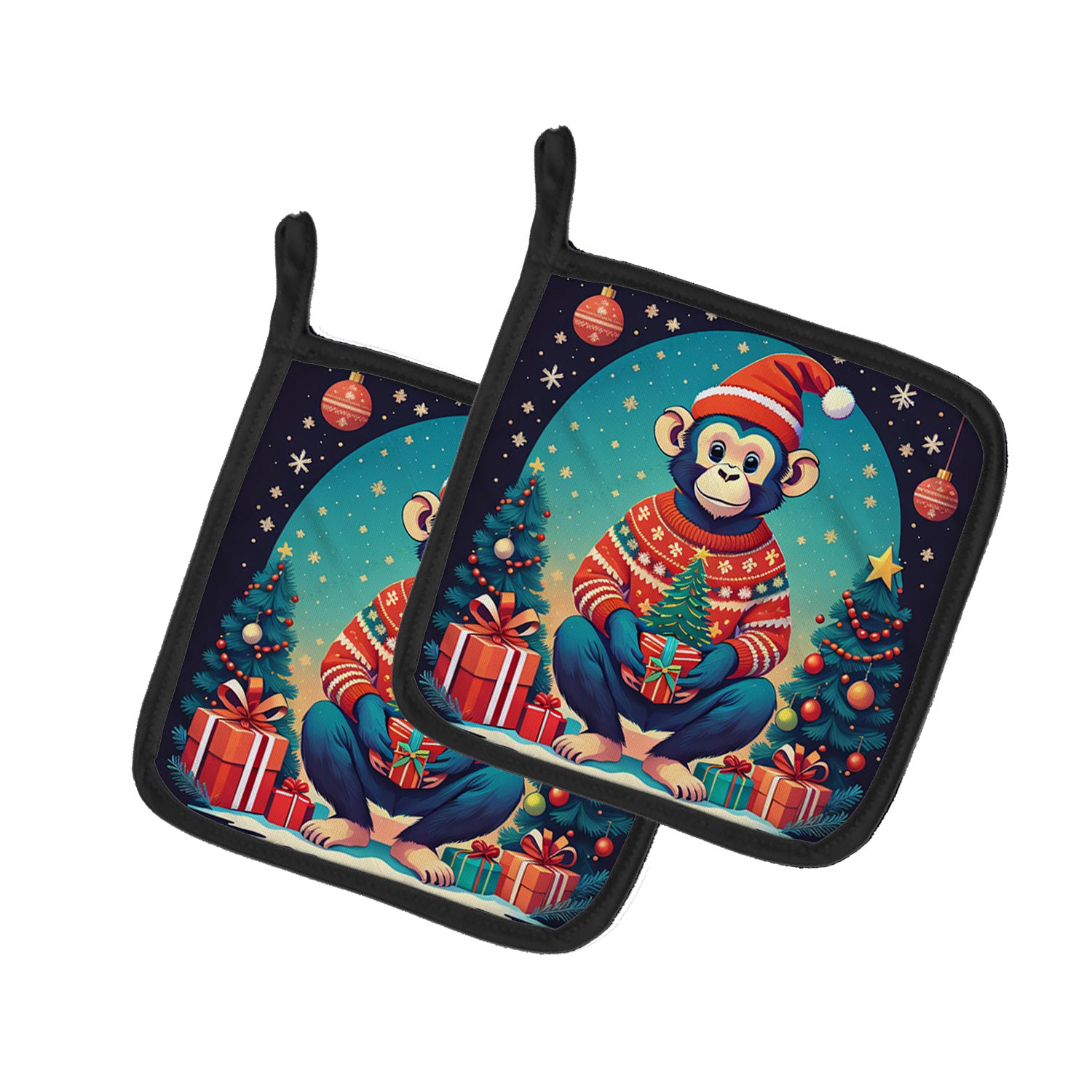 Monkey Christmas Pair of Pot Holders Kitchen Heat Resistant Pot Holders Sets Oven Hot Pads for Cooking Baking BBQ, 7 1/2 x 7 1/2