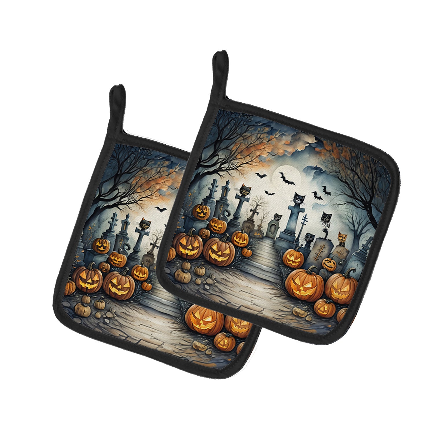 NEW Cat Cemetery Spooky Halloween Pair of Pot Holders Kitchen Heat Resistant Pot Holders Sets Oven Hot Pads for Cooking Baking BBQ, 7 1/2 x 7 1/2