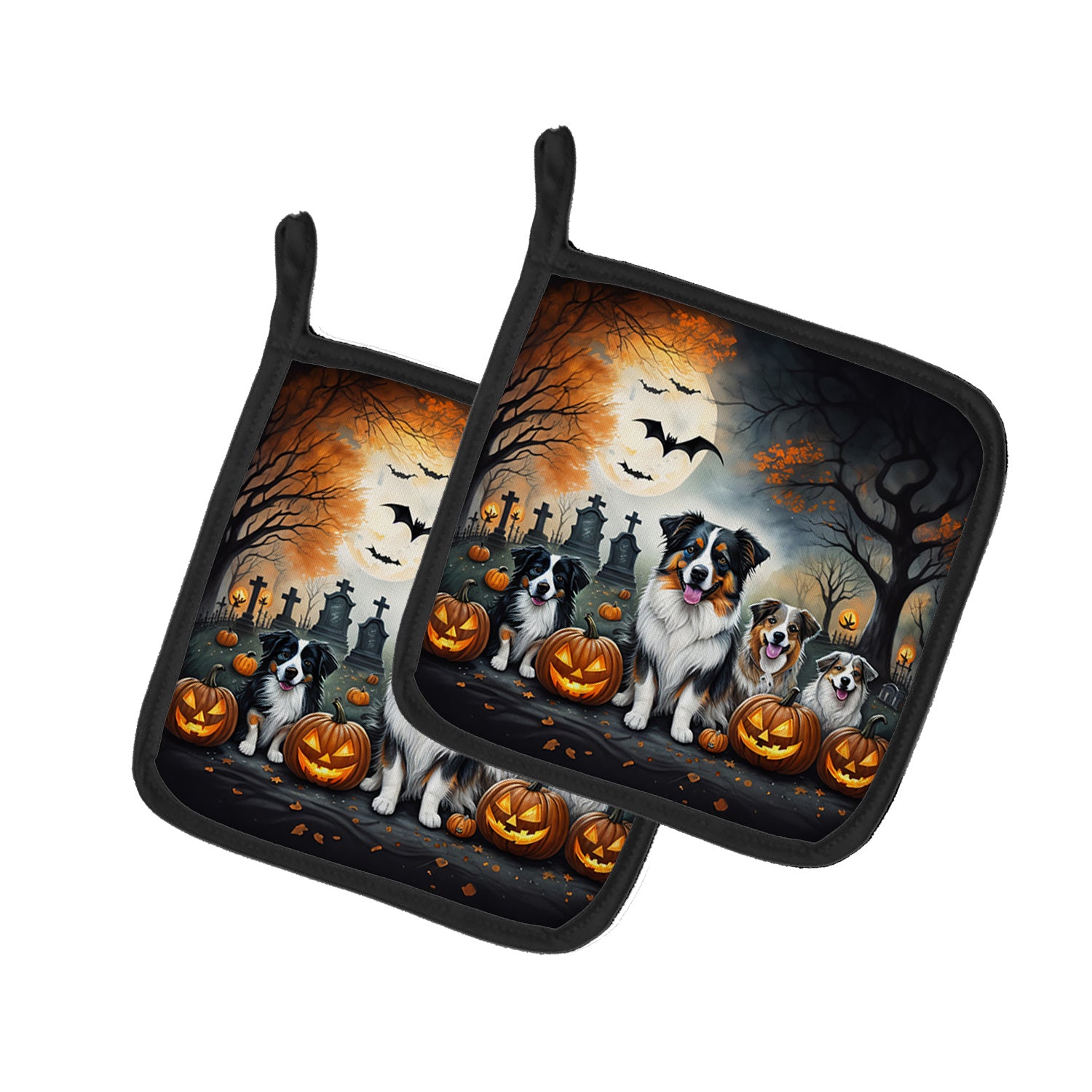 Australian Shepherd Spooky Halloween Pair of Pot Holders Kitchen Heat Resistant Pot Holders Sets Oven Hot Pads for Cooking Baking BBQ, 7 1/2 x 7 1/2