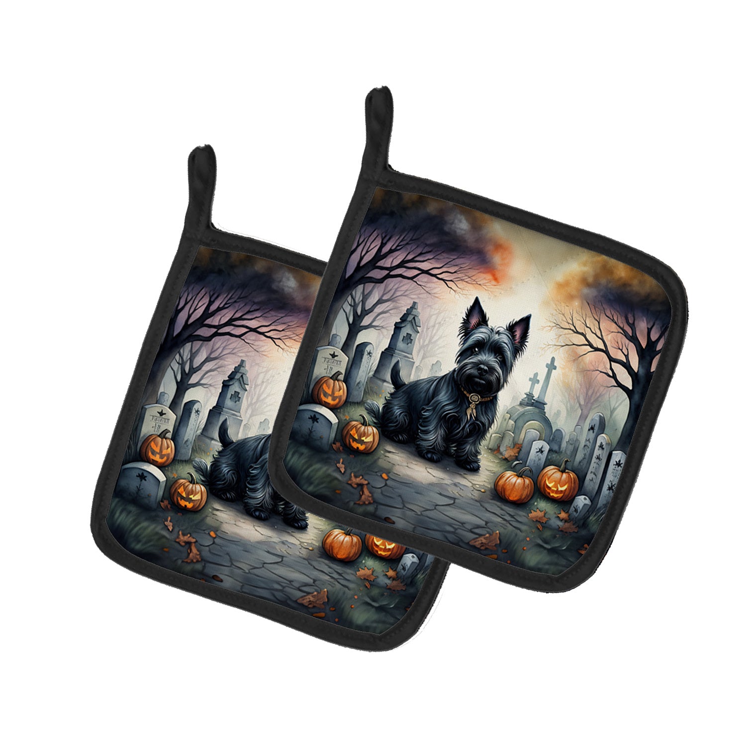 Scottish Terrier Spooky Halloween Pair of Pot Holders Kitchen Heat Resistant Pot Holders Sets Oven Hot Pads for Cooking Baking BBQ, 7 1/2 x 7 1/2