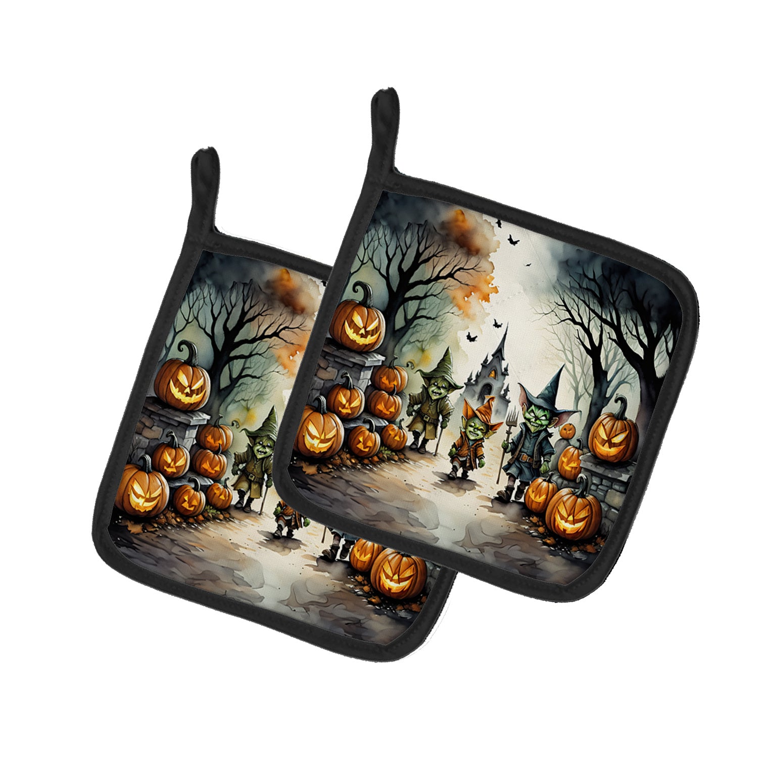 Goblins Spooky Halloween Pair of Pot Holders Kitchen Heat Resistant Pot Holders Sets Oven Hot Pads for Cooking Baking BBQ, 7 1/2 x 7 1/2