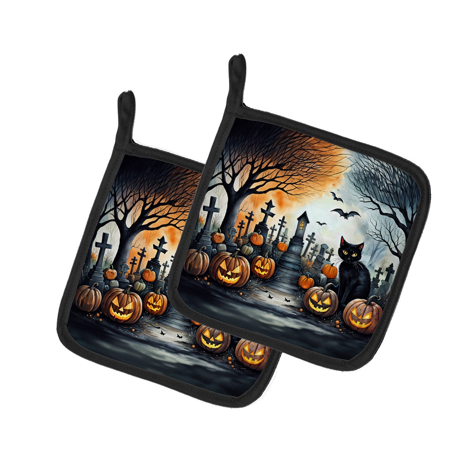 NEW Black Cat Spooky Halloween Pair of Pot Holders Kitchen Heat Resistant Pot Holders Sets Oven Hot Pads for Cooking Baking BBQ, 7 1/2 x 7 1/2