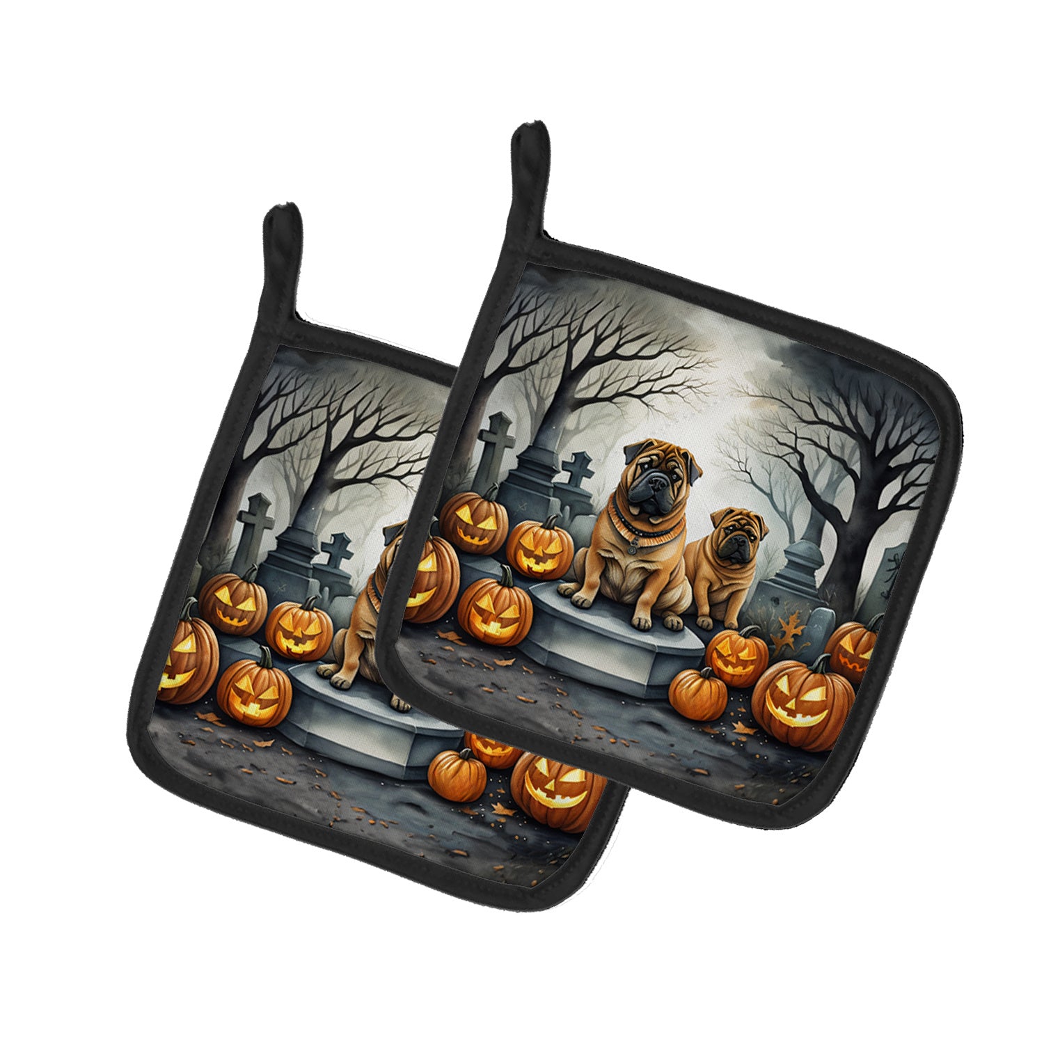 Shar Pei Spooky Halloween Pair of Pot Holders Kitchen Heat Resistant Pot Holders Sets Oven Hot Pads for Cooking Baking BBQ, 7 1/2 x 7 1/2