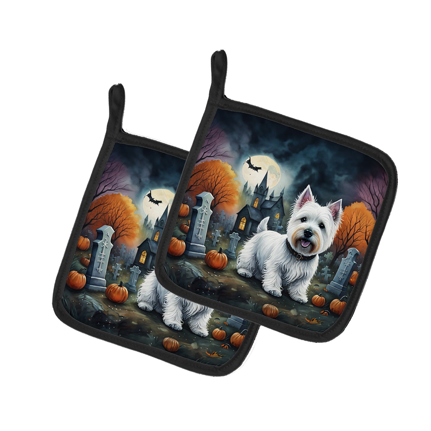 Westie Spooky Halloween Pair of Pot Holders Kitchen Heat Resistant Pot Holders Sets Oven Hot Pads for Cooking Baking BBQ, 7 1/2 x 7 1/2