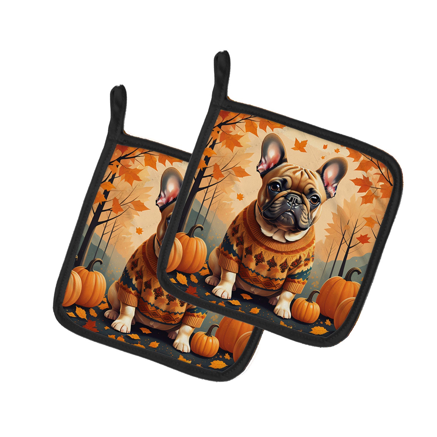 Fawn French Bulldog Fall Pair of Pot Holders Kitchen Heat Resistant Pot Holders Sets Oven Hot Pads for Cooking Baking BBQ, 7 1/2 x 7 1/2