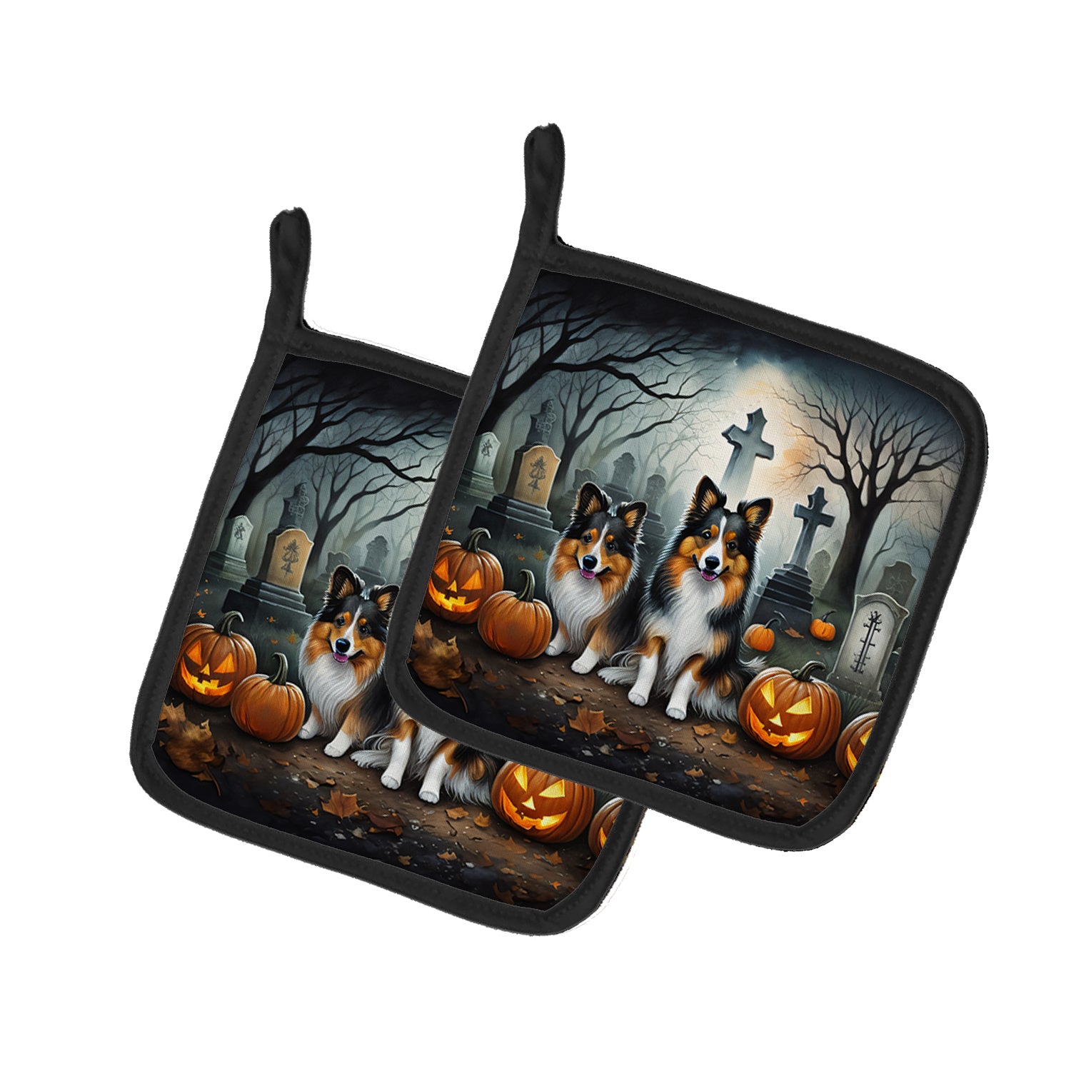 Sheltie Spooky Halloween Pair of Pot Holders Kitchen Heat Resistant Pot Holders Sets Oven Hot Pads for Cooking Baking BBQ, 7 1/2 x 7 1/2