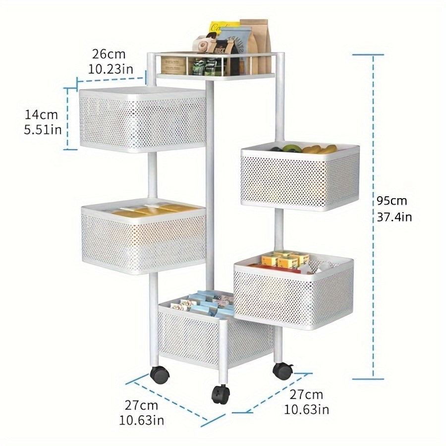 Rotating Kitchen Storage Shelf 5 Tier, Metal Fruit Vegetable Storage Basket Multi-Layer Vegetable Rack Storage Trolley on Wheels, Floor-Standing Basket for Kitchen Bathroom, Square