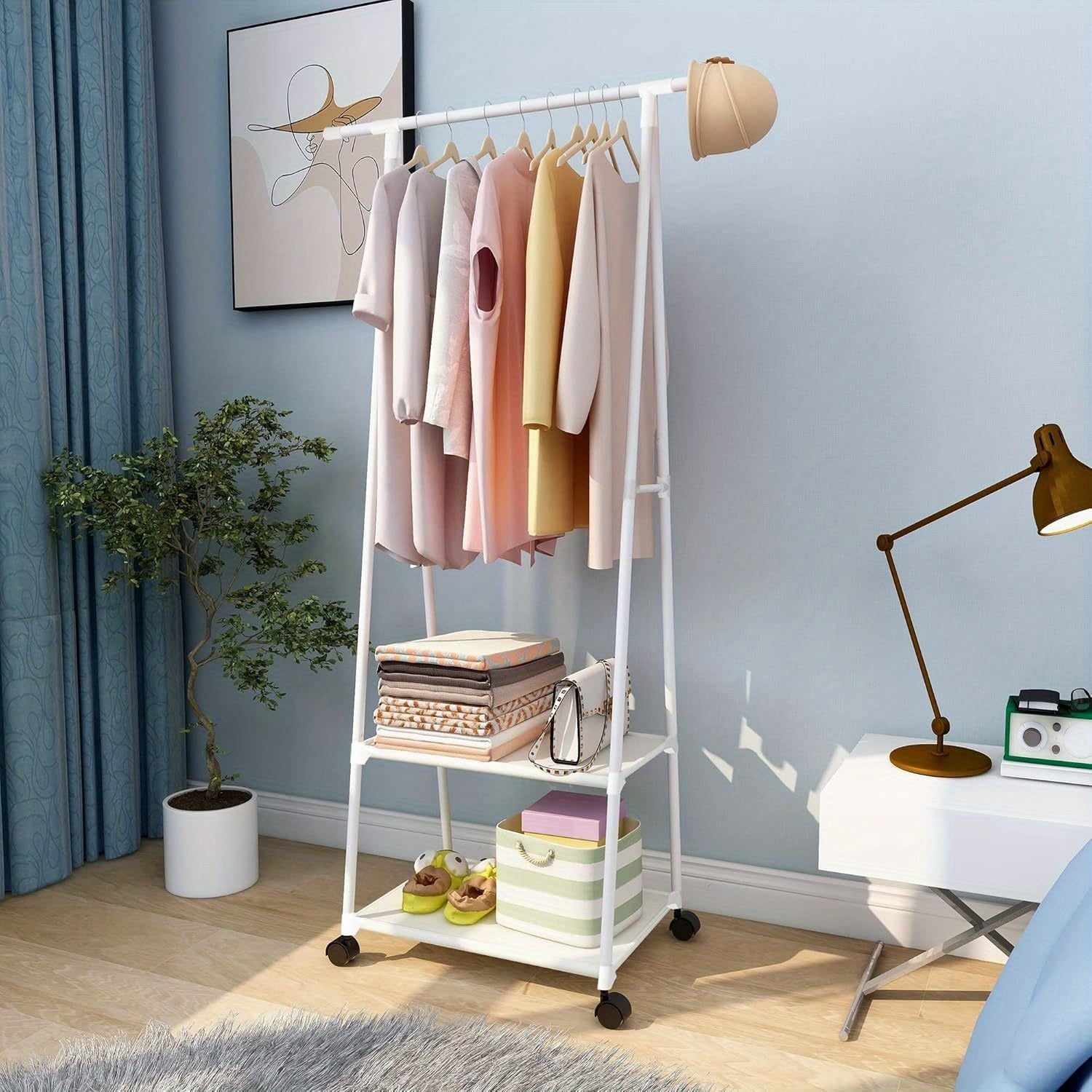 Clothes Rack Small Metal Garment Rack with Shelves for bedroom Rolling clothing rack for Hanging Clothes on Wheels for Hanging Clothes, clothes rack (White