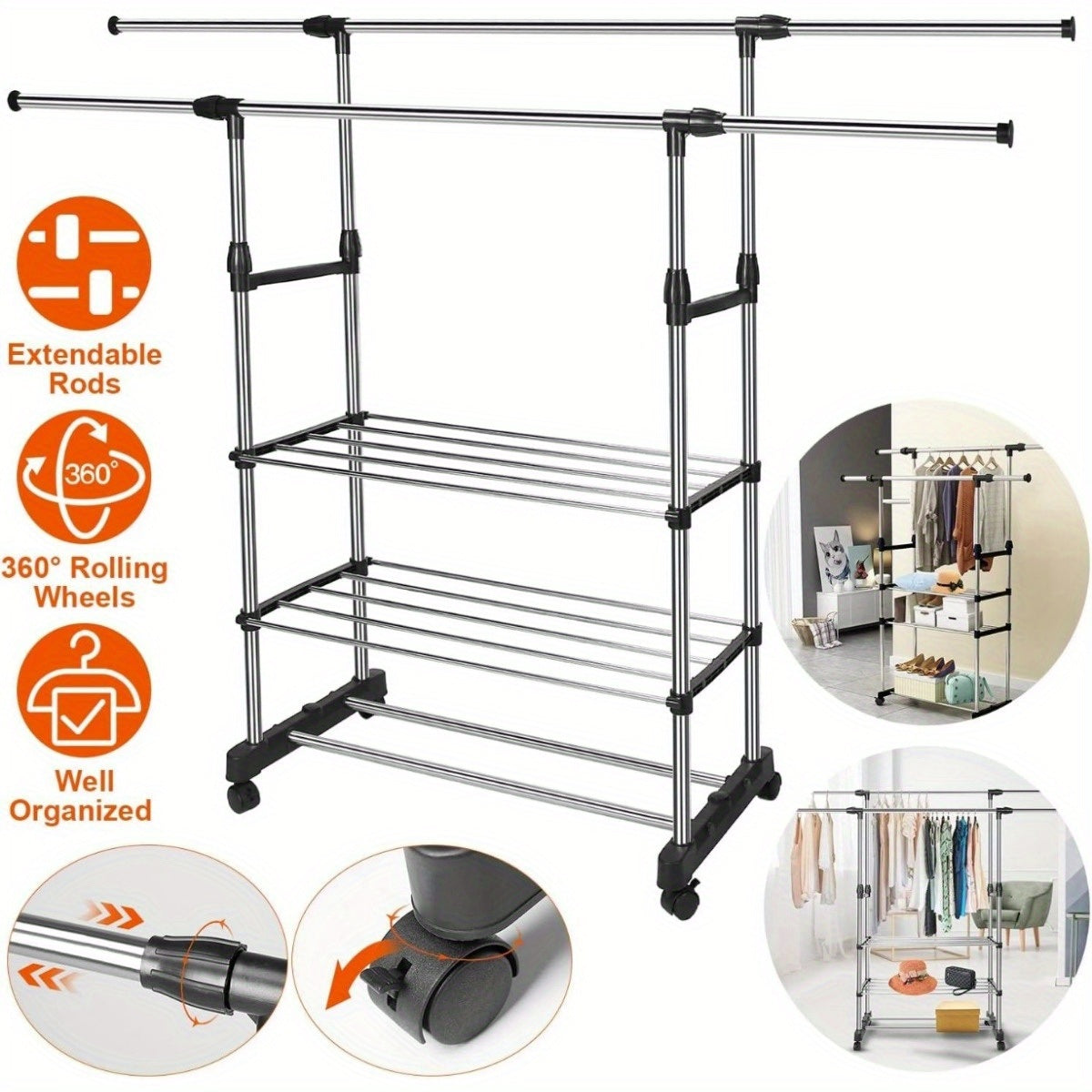 With Wheels Extendable Double Rod Clothing Rack For Hanging Clothes, Rolling Clothes Organizer On Lockable Wheels Mobile Hold