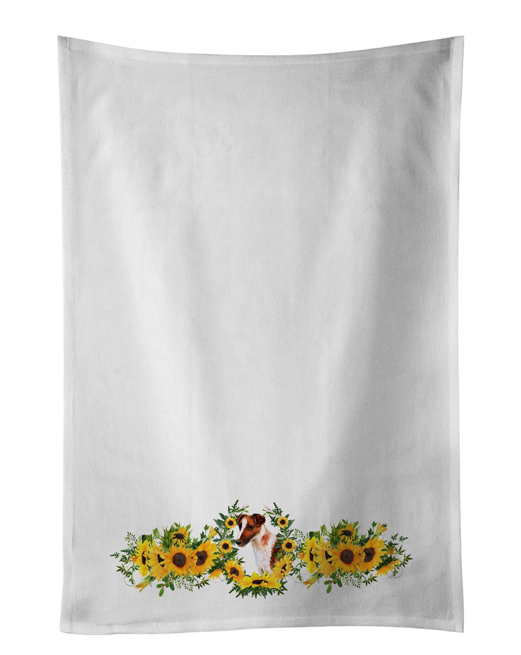 NEW Smooth Fox Terrier in Sunflowers Kitchen Towel Set of 2 White Dish Towels Decorative Bathroom Hand towel for Hand, Face, Hair, Yoga, Tea, Dishcloth, 19 X 28", White