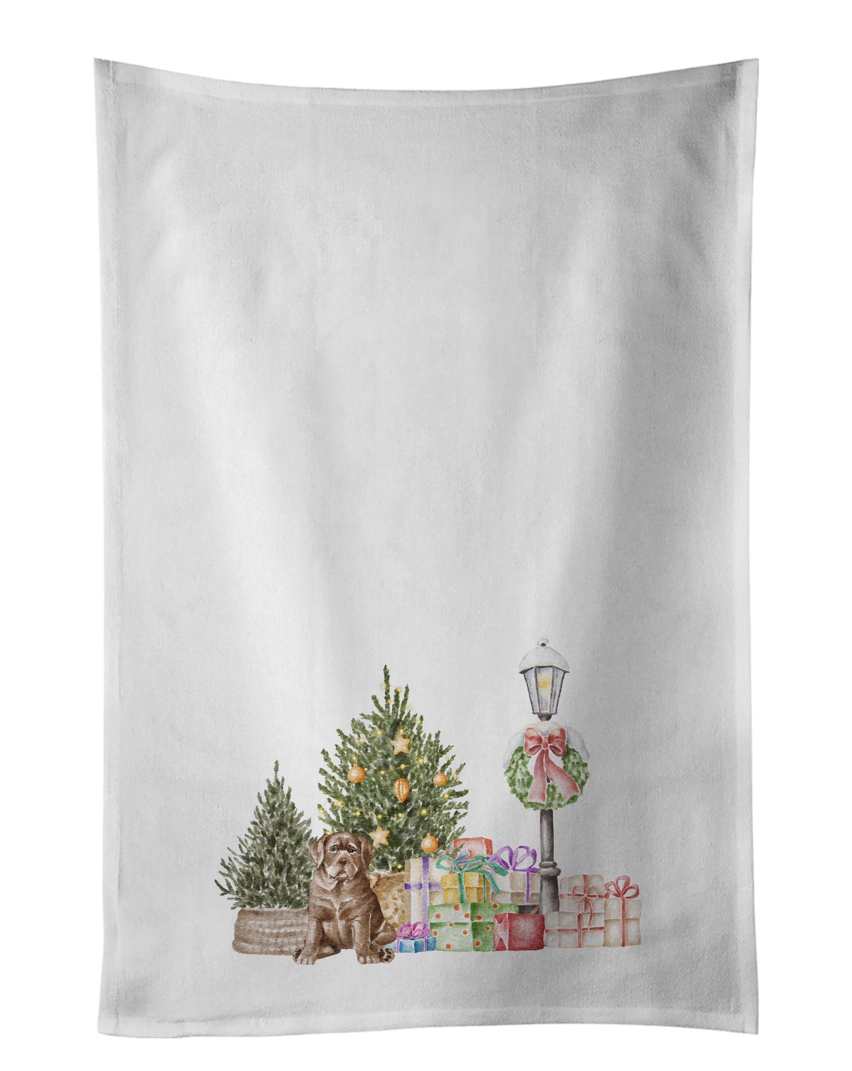 NEW Labrador Retriever Puppy Chocolate with Christmas Wonderland Kitchen Towel Set of 2 White Dish Towels Decorative Bathroom Hand towel for Hand, Face, Hair, Yoga, Tea, Dishcloth, 19 X 28", White