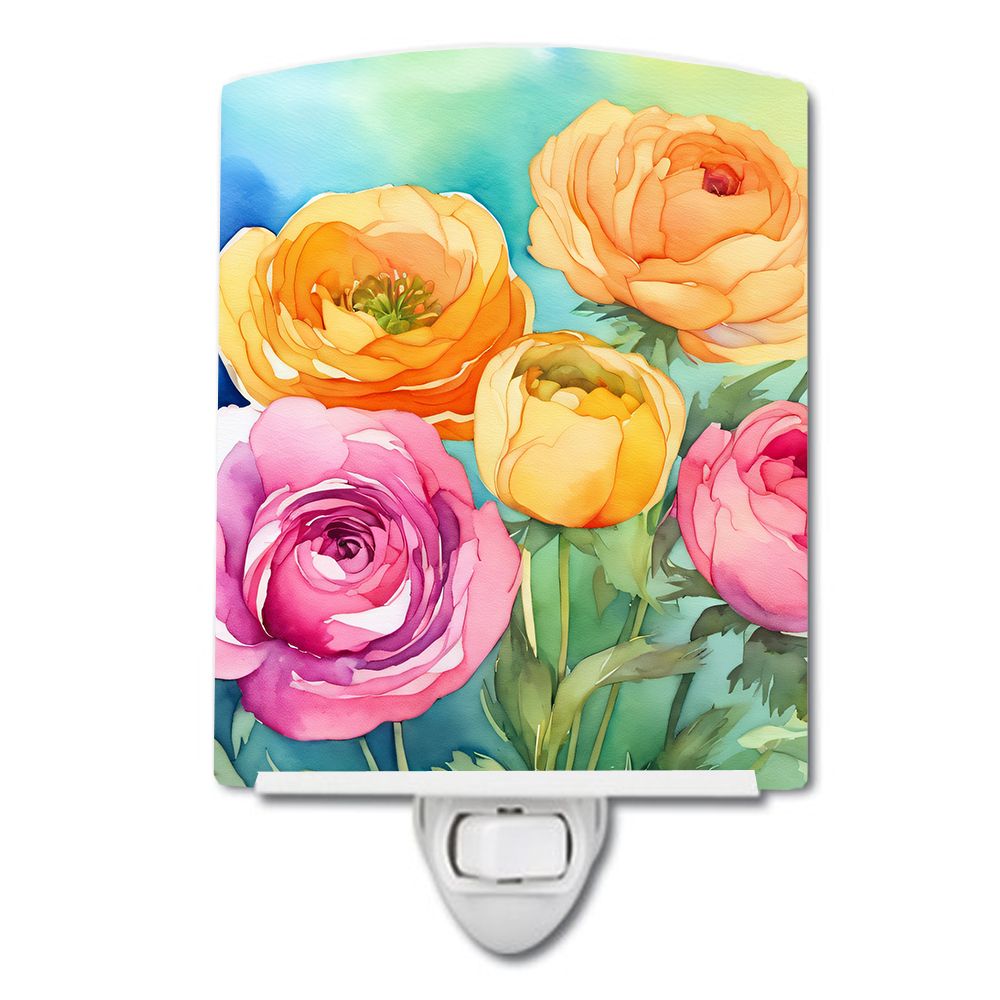 NEW Ranunculus in Watercolor Ceramic Night Light Compact, UL-Certified, Ideal for Bedroom, Bathroom, Nursery, Hallway, Kitchen, 6x4x3, Multicolor