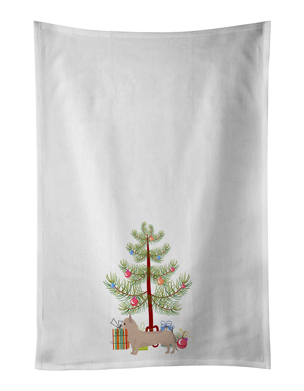 NEW Tan Chiweenie Christmas Tree Kitchen Towel Set of 2 White Dish Towels Decorative Bathroom Hand towel for Hand, Face, Hair, Yoga, Tea, Dishcloth, 19 X 28", White