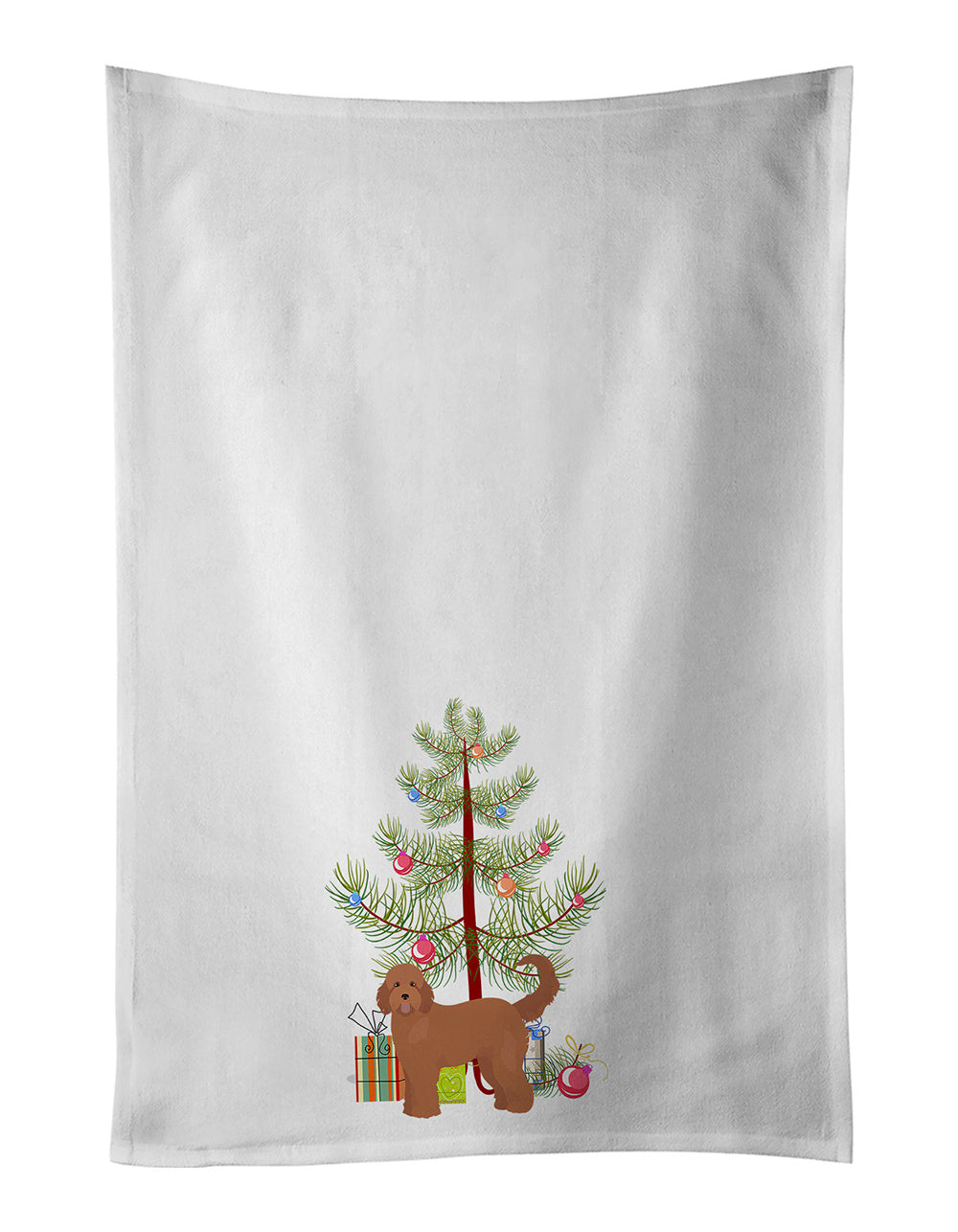 NEW Tan Goldendoodle Christmas Tree Kitchen Towel Set of 2 White Dish Towels Decorative Bathroom Hand towel for Hand, Face, Hair, Yoga, Tea, Dishcloth, 19 X 28", White