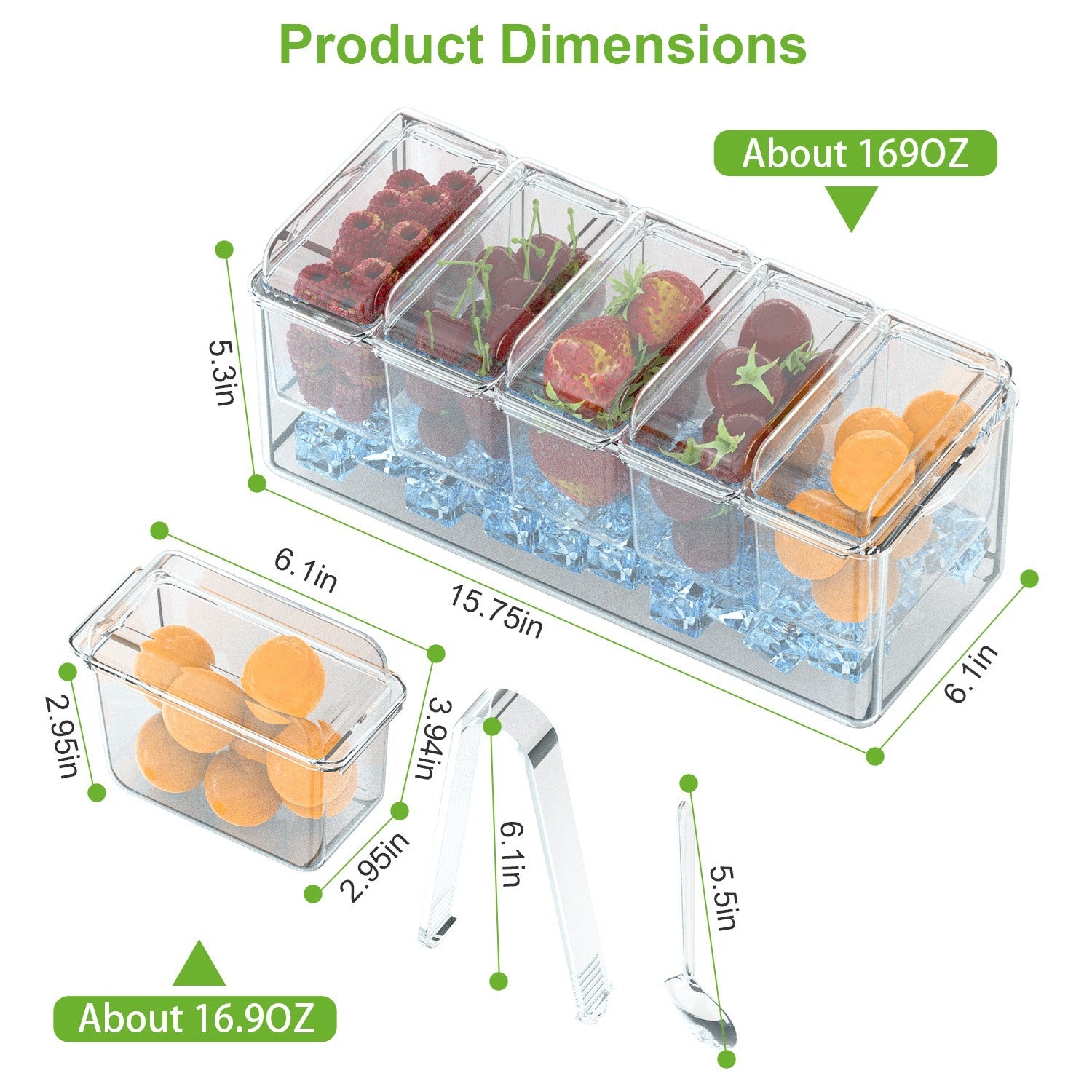 Ice Chilled Condiment Caddy Serving Tray Container Bar Garnish Holder Salad Platter Server Food Storage with 5 Removable Containers 5 Lids 2 Tongs 5 Sporks