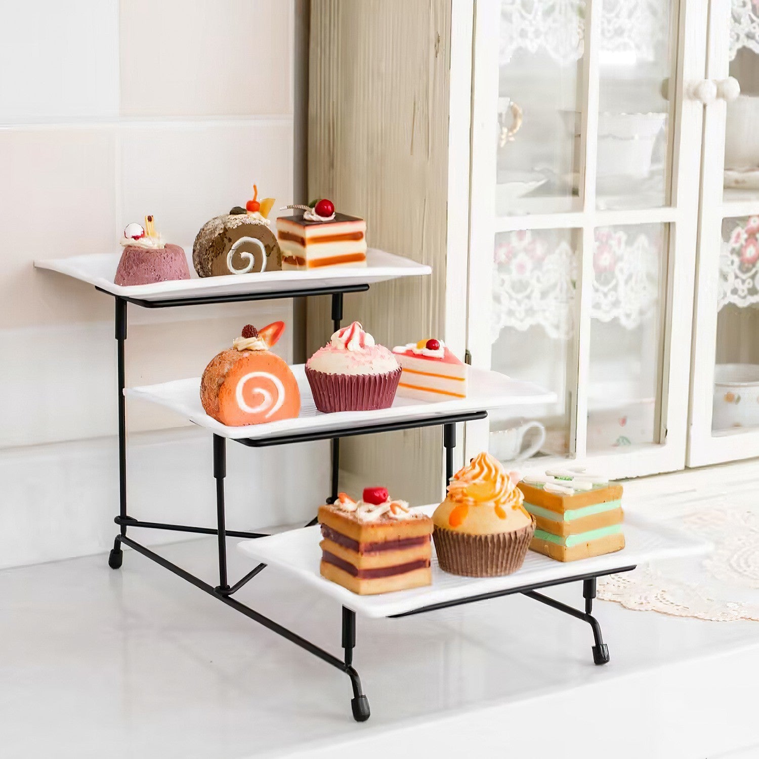 3-Tier Plastic Serving Tray Dessert Server Display Serving Stand Dinnerware with 3 Rectangular Plastic Serving Platters Metal Stand for Entertaining Fruit Dessert Veggie Cookies Party