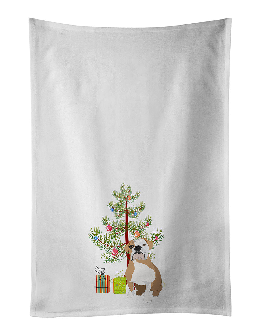 NEW English Bulldog Fawn and White Christmas Kitchen Towel Set of 2 White Dish Towels Decorative Bathroom Hand towel for Hand, Face, Hair, Yoga, Tea, Dishcloth, 19 X 28", White