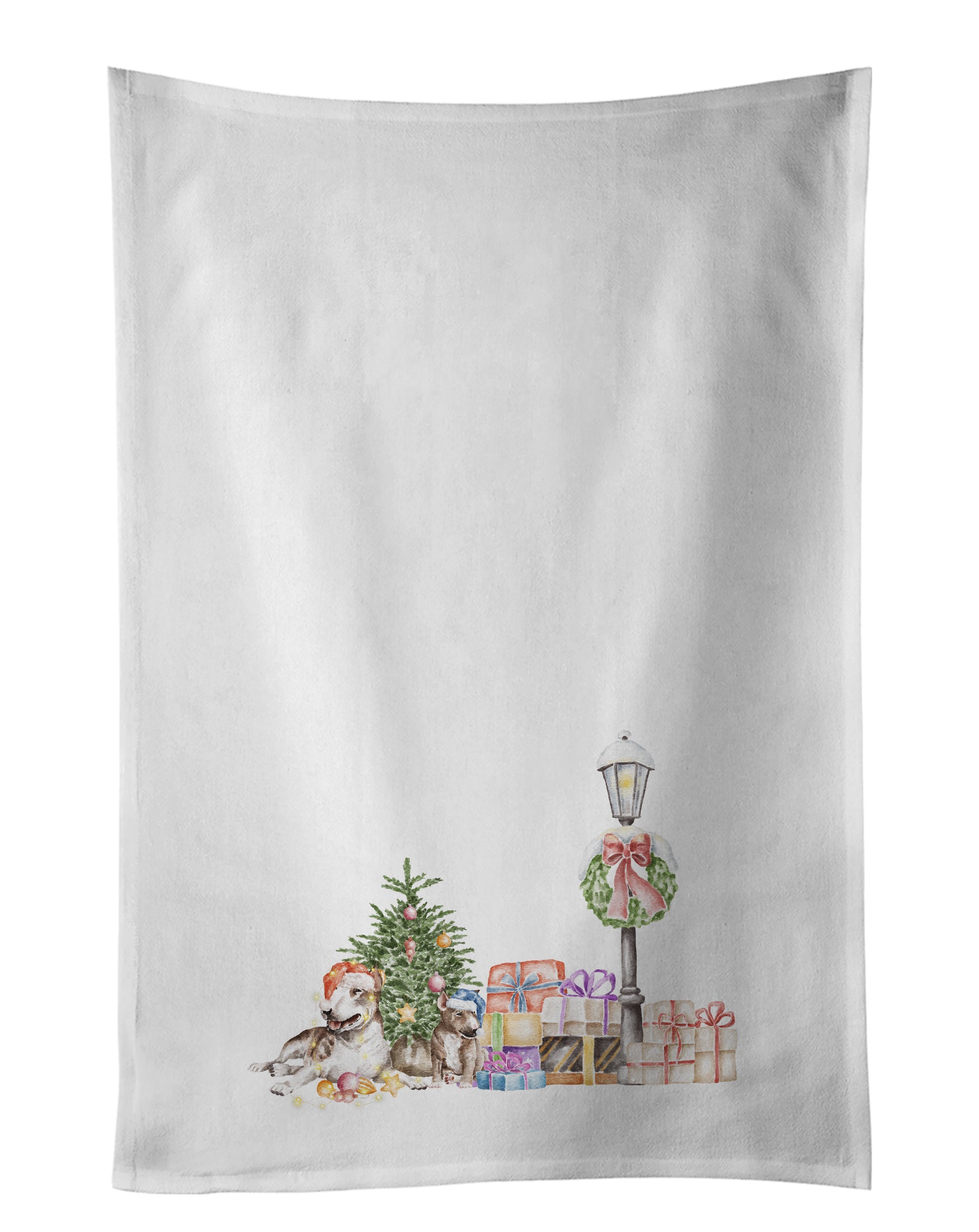 NEW Bull Terrier Adult and Puppy with Christmas Wonderland Kitchen Towel Set of 2 White Dish Towels Decorative Bathroom Hand towel for Hand, Face, Hair, Yoga, Tea, Dishcloth, 19 X 28", White