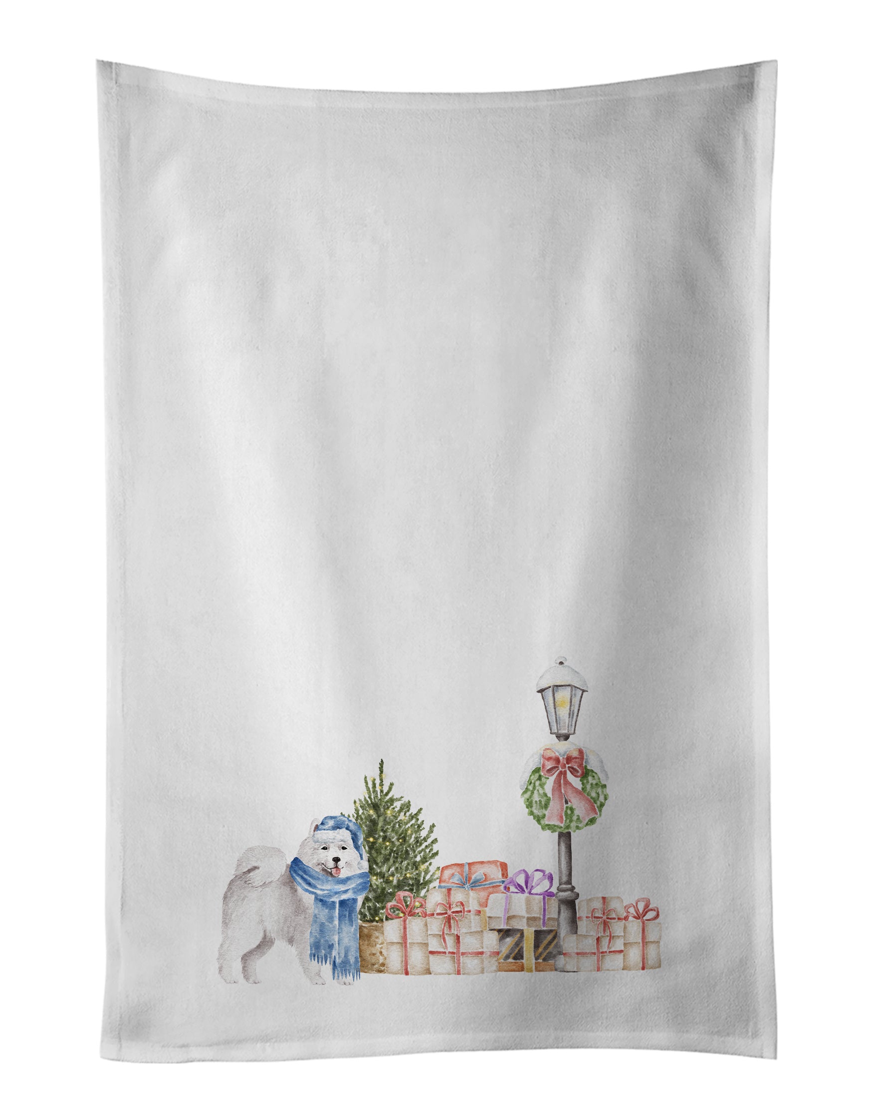 NEW Samoyed with Christmas Wonderland Kitchen Towel Set of 2 White Dish Towels Decorative Bathroom Hand towel for Hand, Face, Hair, Yoga, Tea, Dishcloth, 19 X 28", White