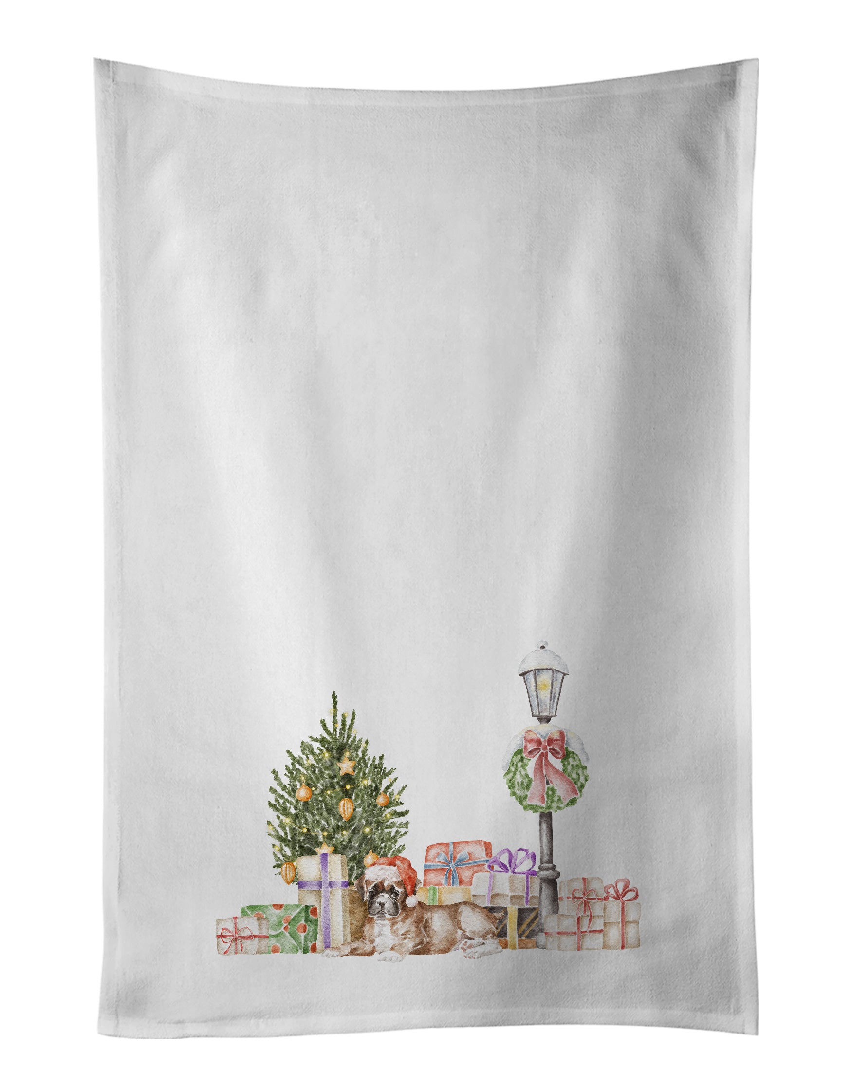 NEW Boxer Fawn with Christmas Wonderland Kitchen Towel Set of 2 White Dish Towels Decorative Bathroom Hand towel for Hand, Face, Hair, Yoga, Tea, Dishcloth, 19 X 28", White