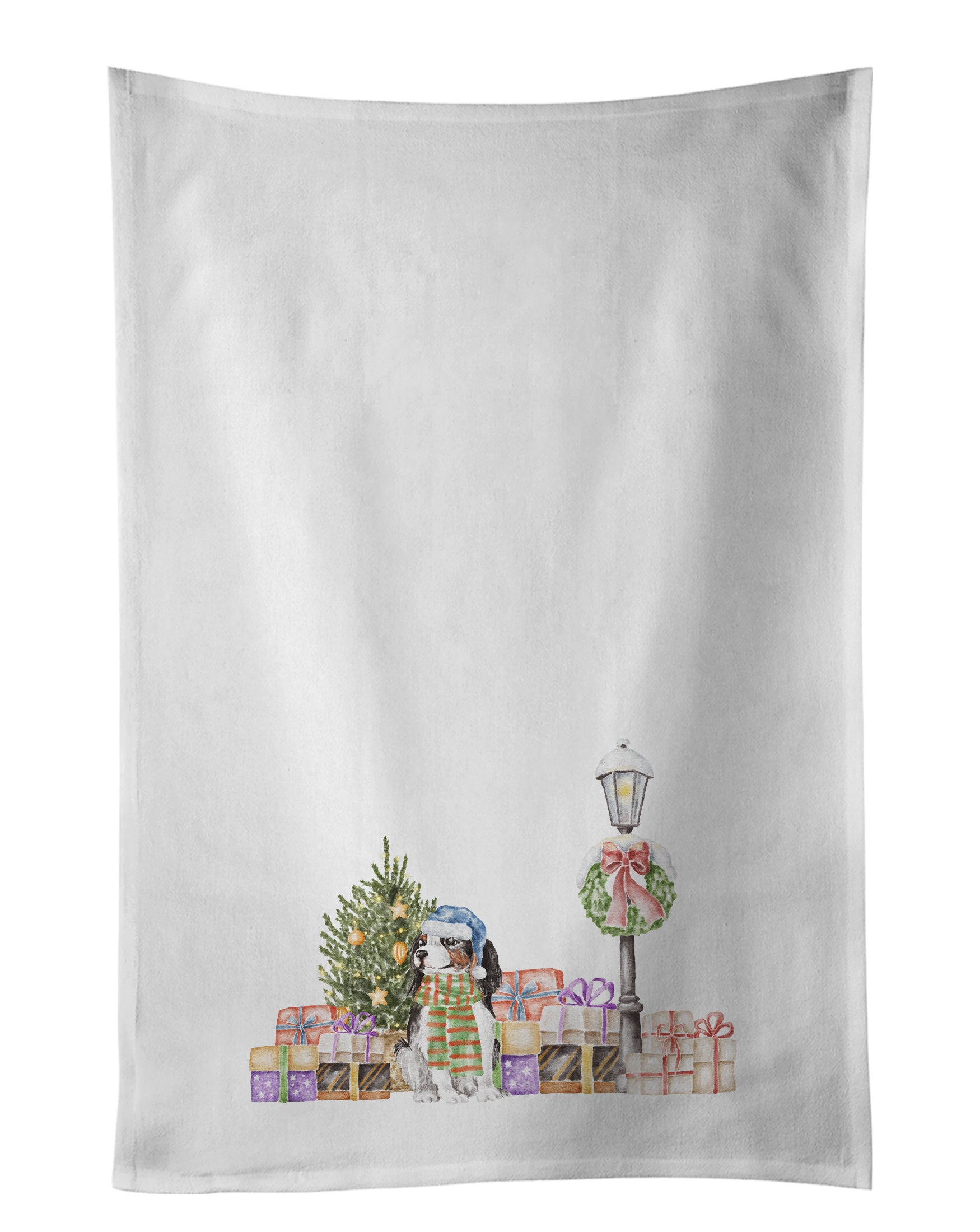 NEW Cavalier King Charles Spaniel Tricolor with Christmas Wonderland Kitchen Towel Set of 2 White Dish Towels Decorative Bathroom Hand towel for Hand, Face, Hair, Yoga, Tea, Dishcloth, 19 X 28", White