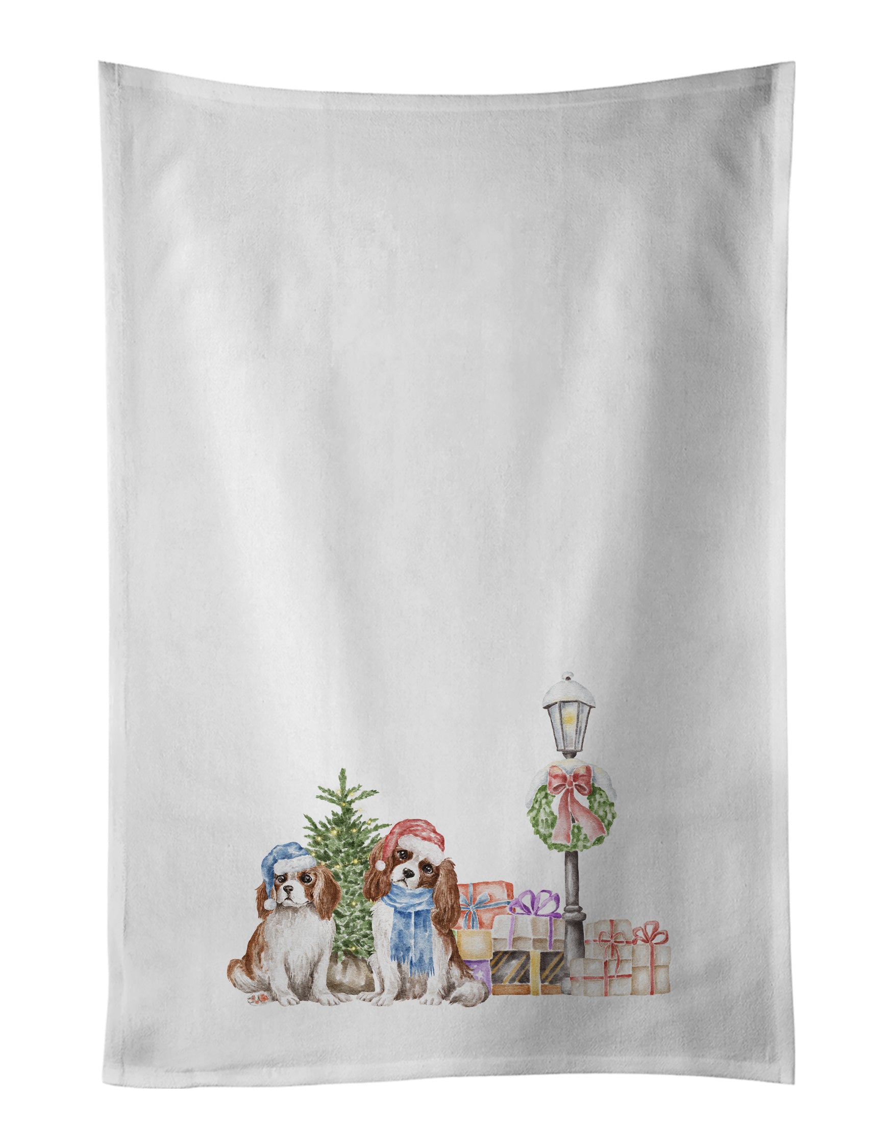 Cavalier King Charles Spaniel Blenheim Duo with Christmas Wonderland Kitchen Towel Set of 2 White Dish Towels Decorative Bathroom Hand towel for Hand, Face, Hair, Yoga, Tea, Dishcloth, 19 X 28", White