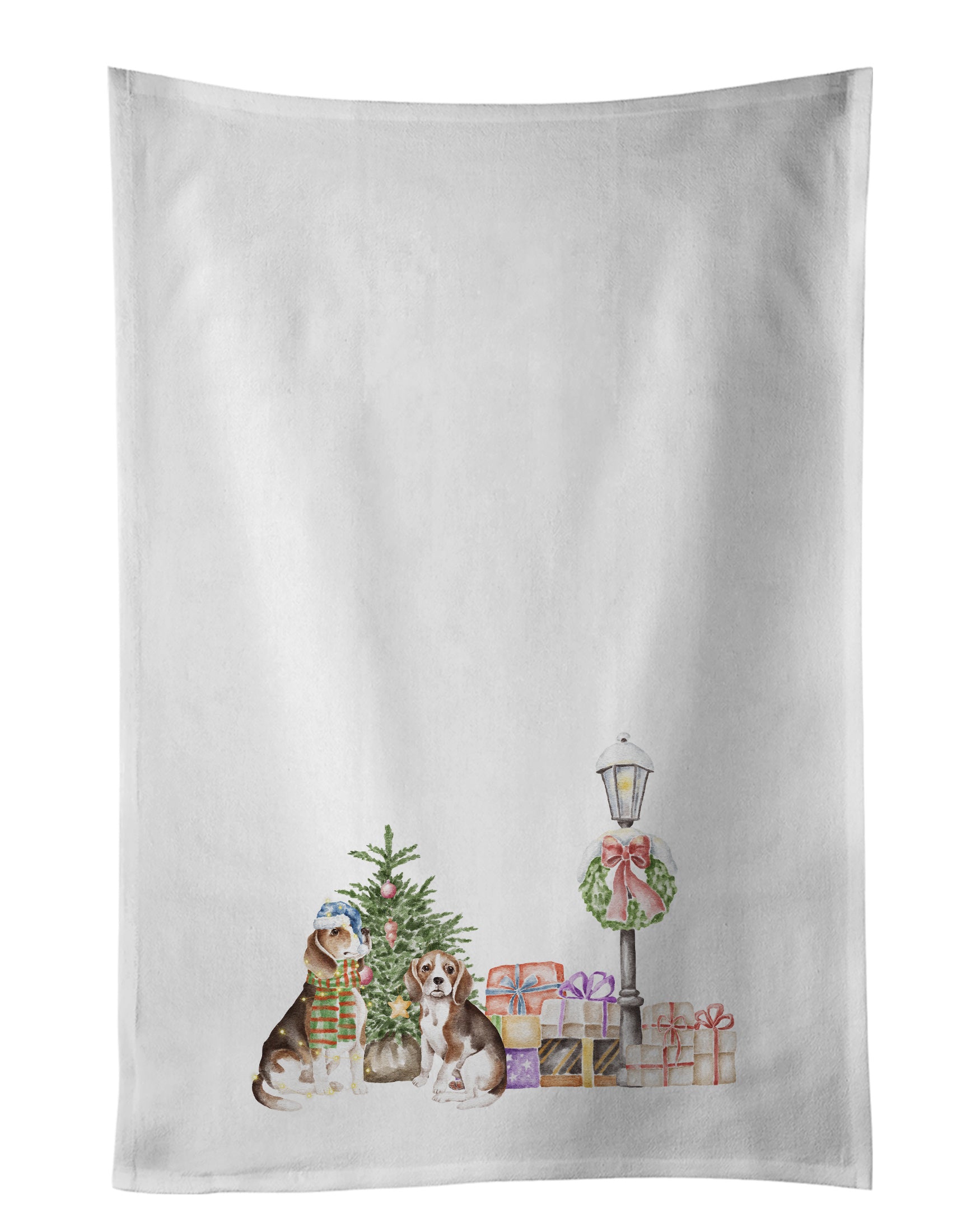 NEW Beagle Adult and Puppy Tricolor with Christmas Wonderland Kitchen Towel Set of 2 White Dish Towels Decorative Bathroom Hand towel for Hand, Face, Hair, Yoga, Tea, Dishcloth, 19 X 28", White