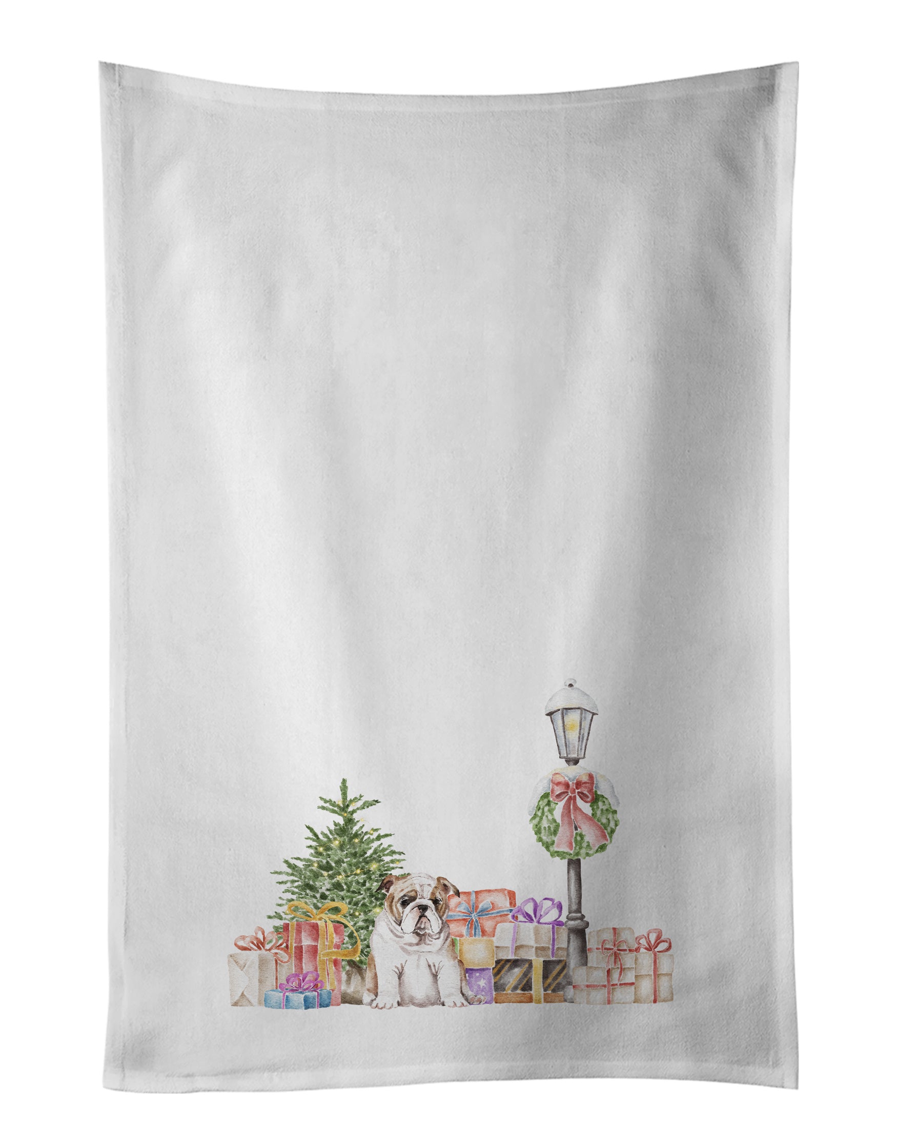 NEW Bulldog Fawn with Christmas Wonderland Kitchen Towel Set of 2 White Dish Towels Decorative Bathroom Hand towel for Hand, Face, Hair, Yoga, Tea, Dishcloth, 19 X 28", White